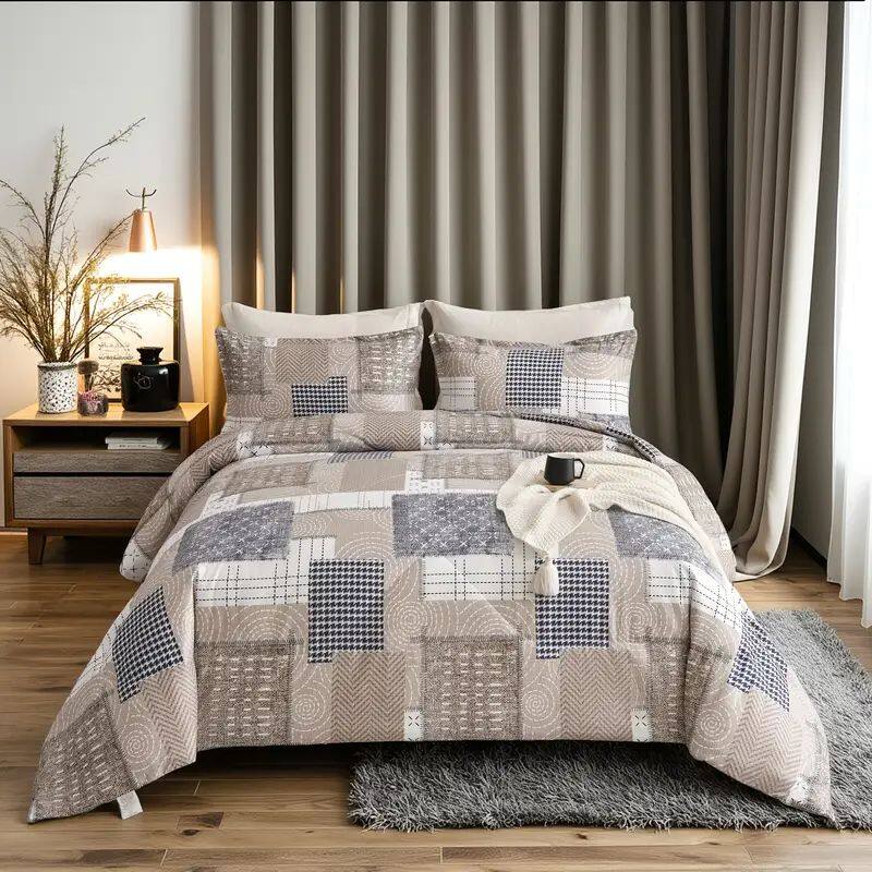 Front. Shatex - Beige square pattern twin 2 pieces comforter set, simple, sophisticated - beige.