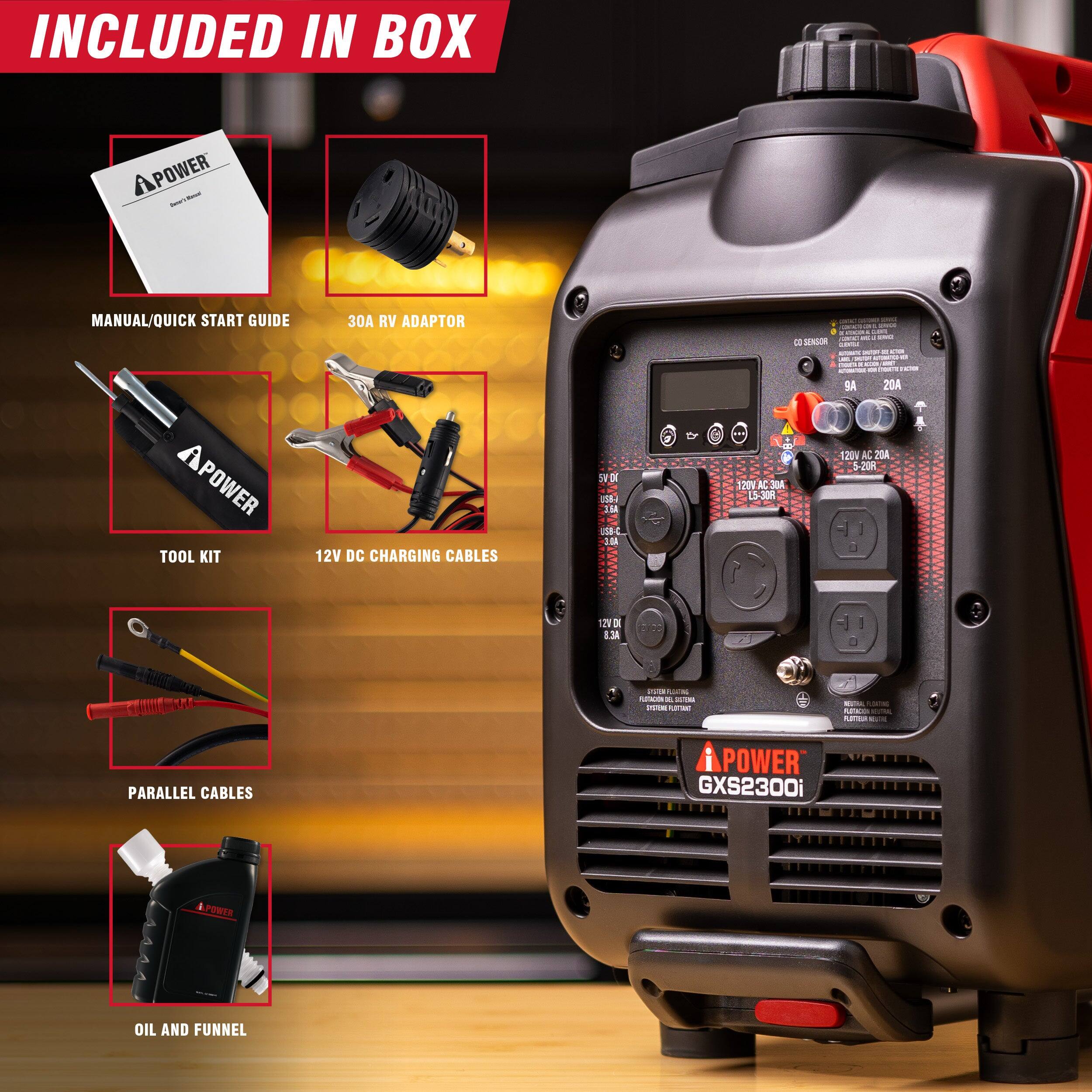 INCLUDED IN BOX

- MANUAL/QUICK START GUIDE
- 30A RV ADAPTOR
- TOOL KIT
- 12V DC CHARGING CABLES
- PARALLEL CABLES
- OIL AND FUNNEL