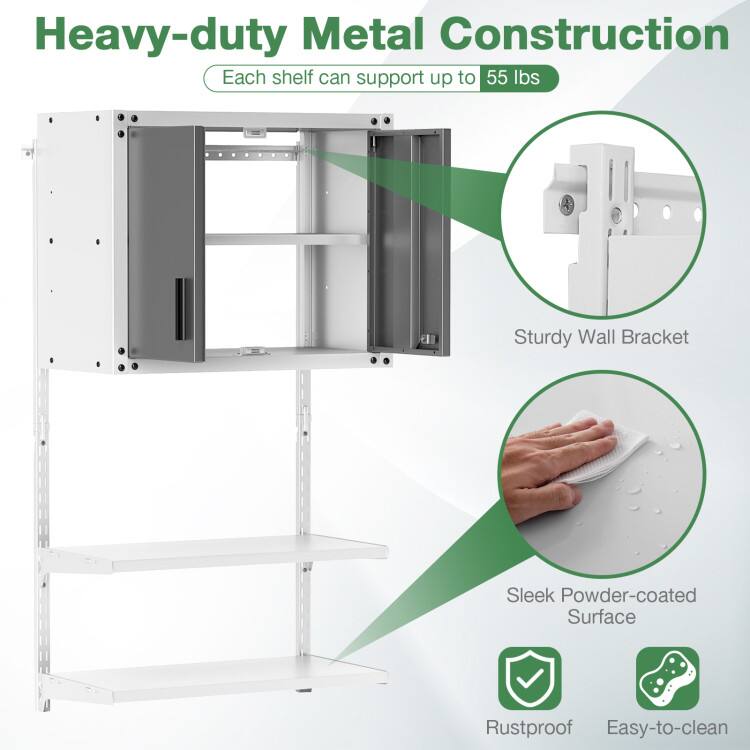 Heavy-duty Metal Construction  
Each shelf can support up to 55 lbs  
Sturdy Wall Bracket  
Sleek Powder-coated Surface  
Rustproof  
Easy-to-clean