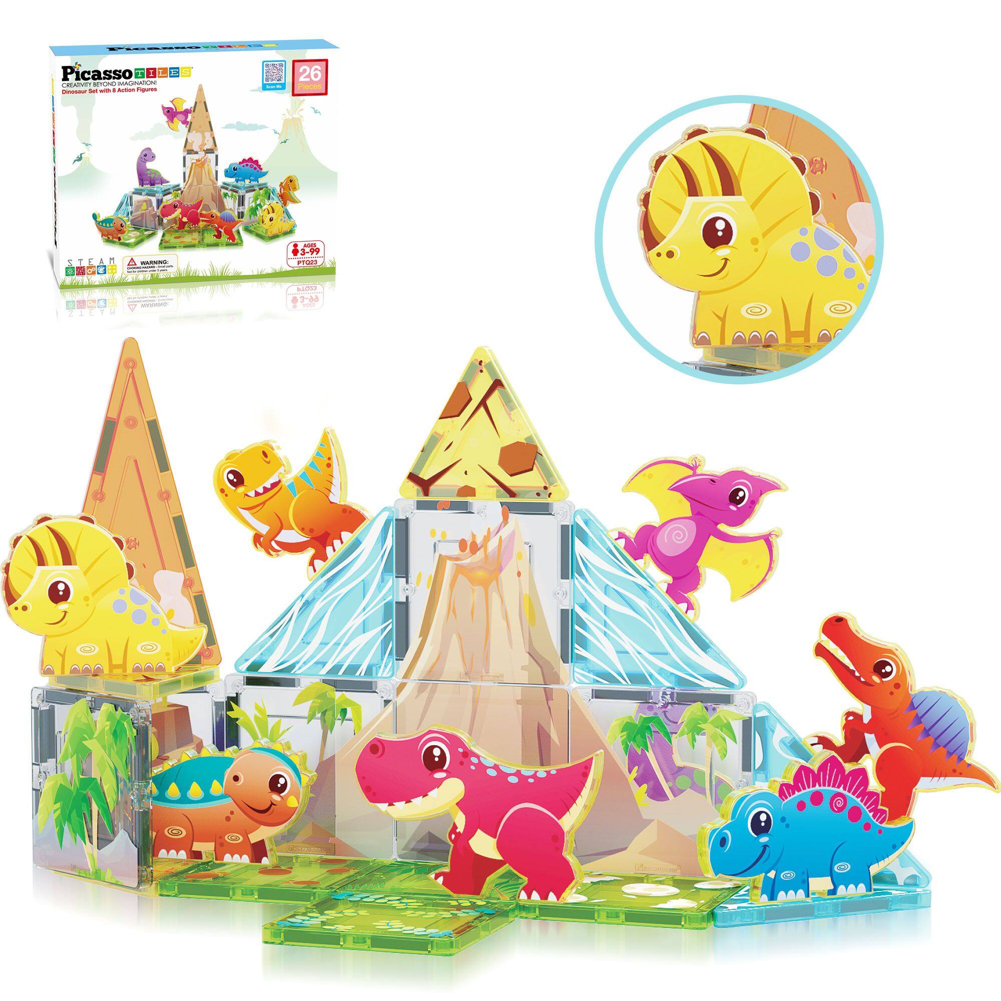 PicassoTiles - PICASSO-TILES Magnetic Tiles for Kids, 26PCS Dinosaur Theme, Construction STEM Building Blocks Educational Toy - Multicolor