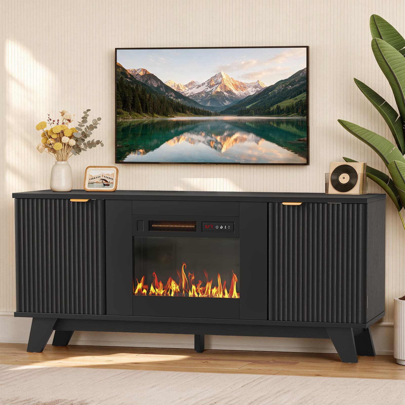 Bestier - 59'' Fireplace TV Stand with Wave Doors, Entertainment Center with Fireplace Insert and Side Outlets for Living Room - Black