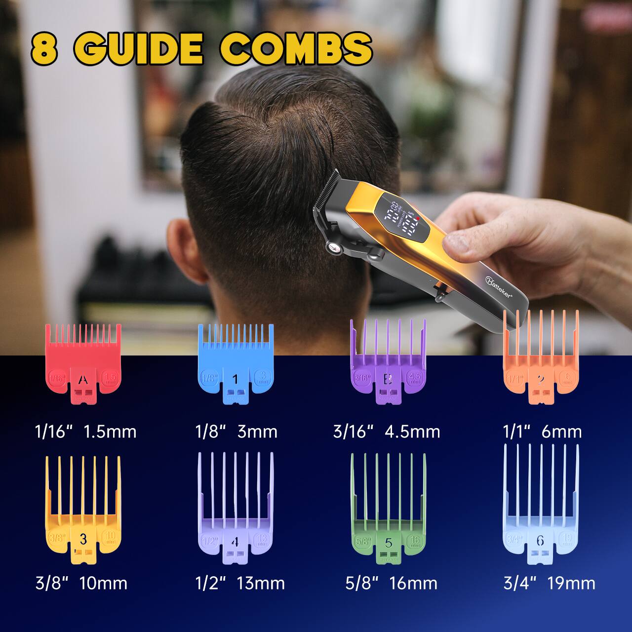 8 GUIDE COMBS

70700 EXTRAM

Hattek

116"

A

1.5

18"

1

:

316"

ES

4.5 mm

1/11

2

the

FL BASE

REULASE

1/16" 1.5mm

1/8" 3mm

3/16" 4.5mm

1/1" 6mm

3.8%

3

10 IIII

1/2

4

13

58

5

16 10ml

34

6

19 (100

3/8" 10mm

1/2" 13mm

5/8" 16mm

3/4" 19mm
