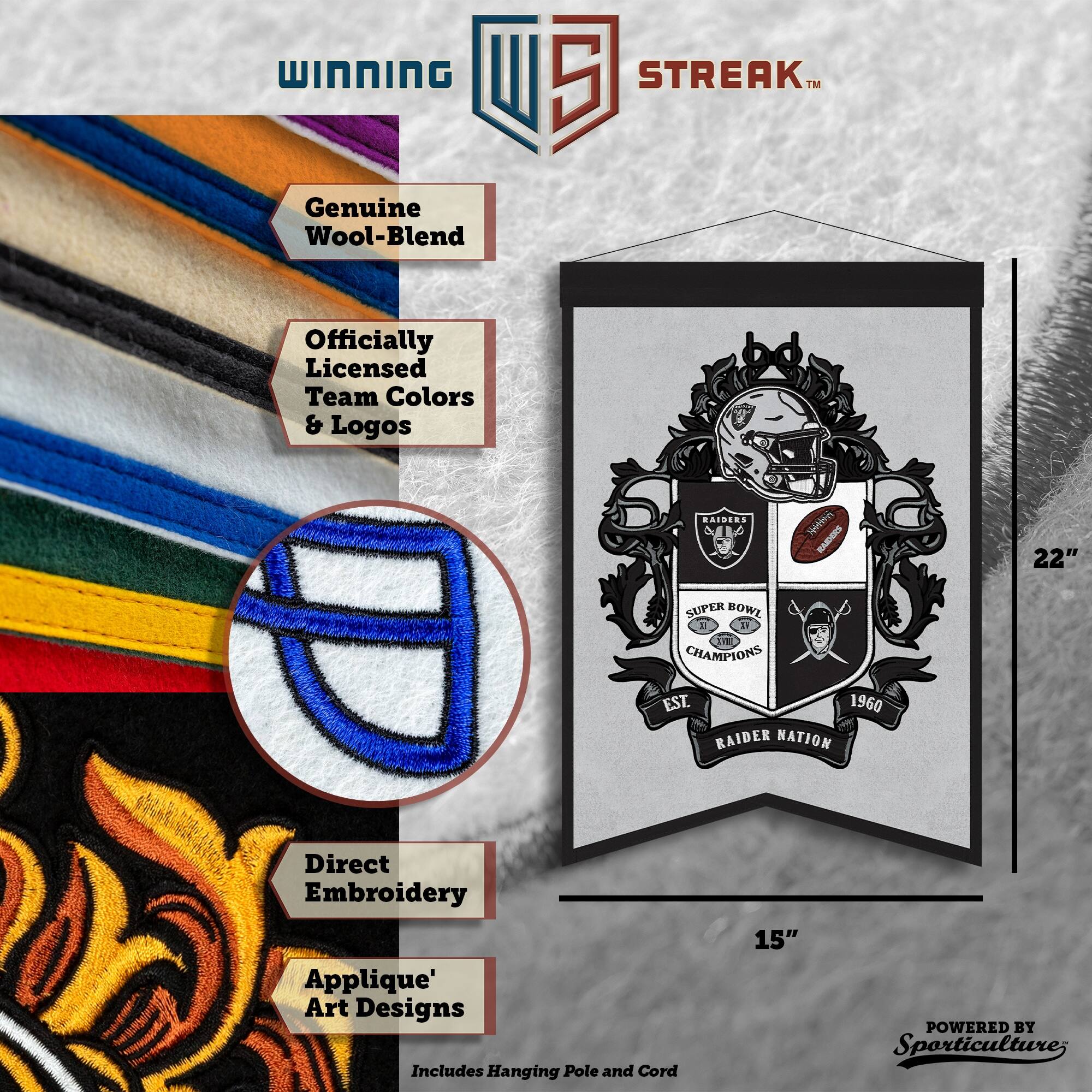 WINNING U 5 STREAK™ Genuine Wool-Blend Officially Licensed Team Colors & Logos RAIDERS N_ttrn SARHRS 22" SUPER BOWL NT CHAMPIONS EST. 1960 RAIDER NATION Direct Embroidery Applique' Art Designs Includes Hanging Pole and Cord 15" POWERED BY Sporticulture