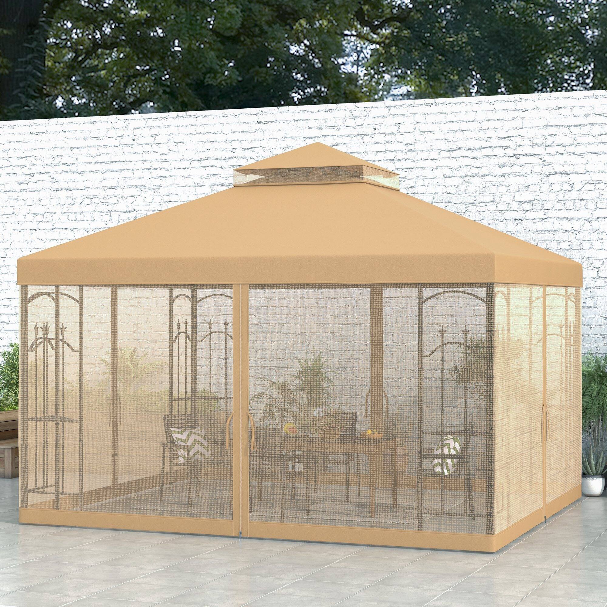 Angle. Outsunny - 10' x 12' Patio Gazebo with Corner Frame Shelves, Double Roof Outdoor Gazebo Canopy Shelter with Netting - Brown.