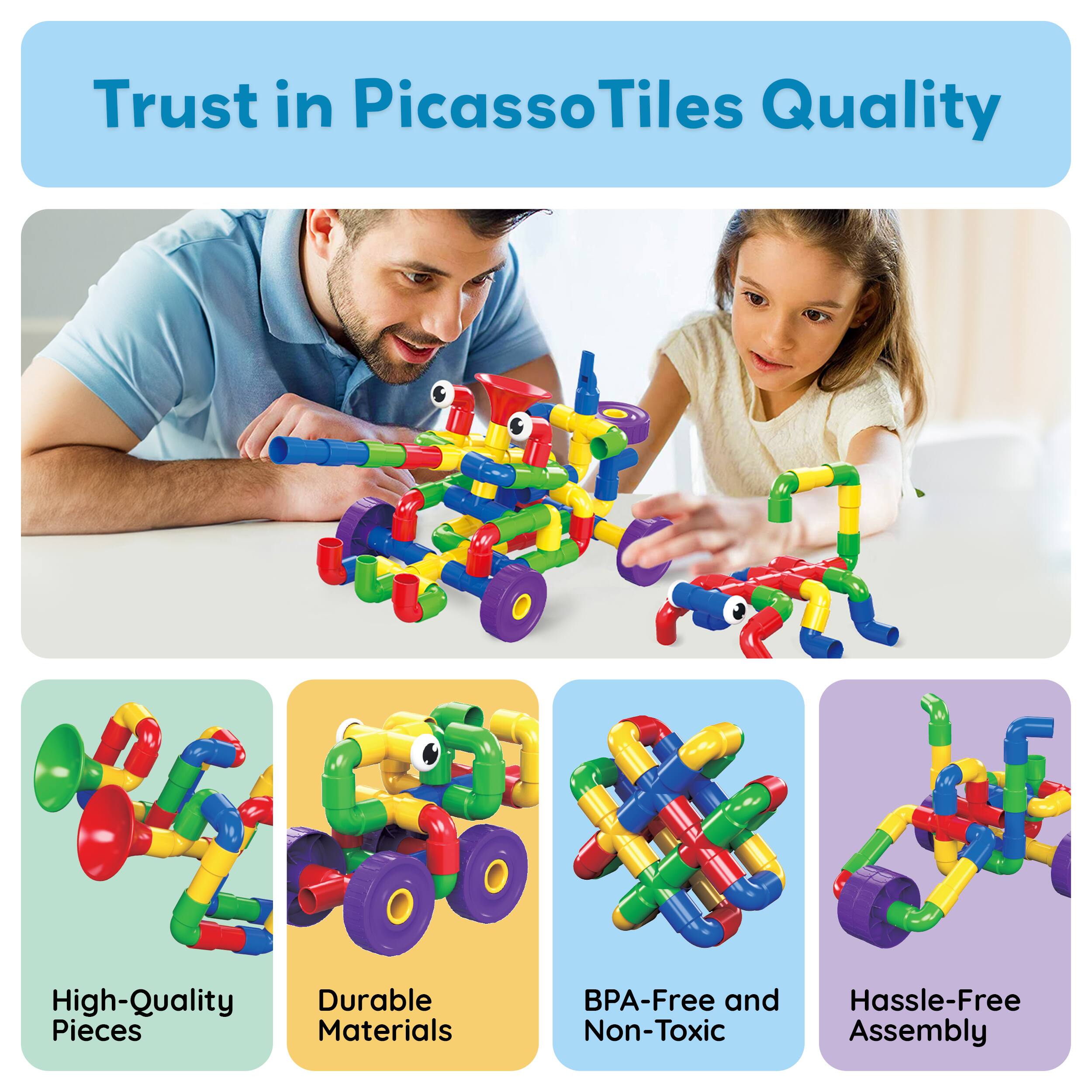Trust in PicassoTiles Quality

- High-Quality Pieces
- Durable Materials
- BPA-Free and Non-Toxic
- Hassle-Free Assembly