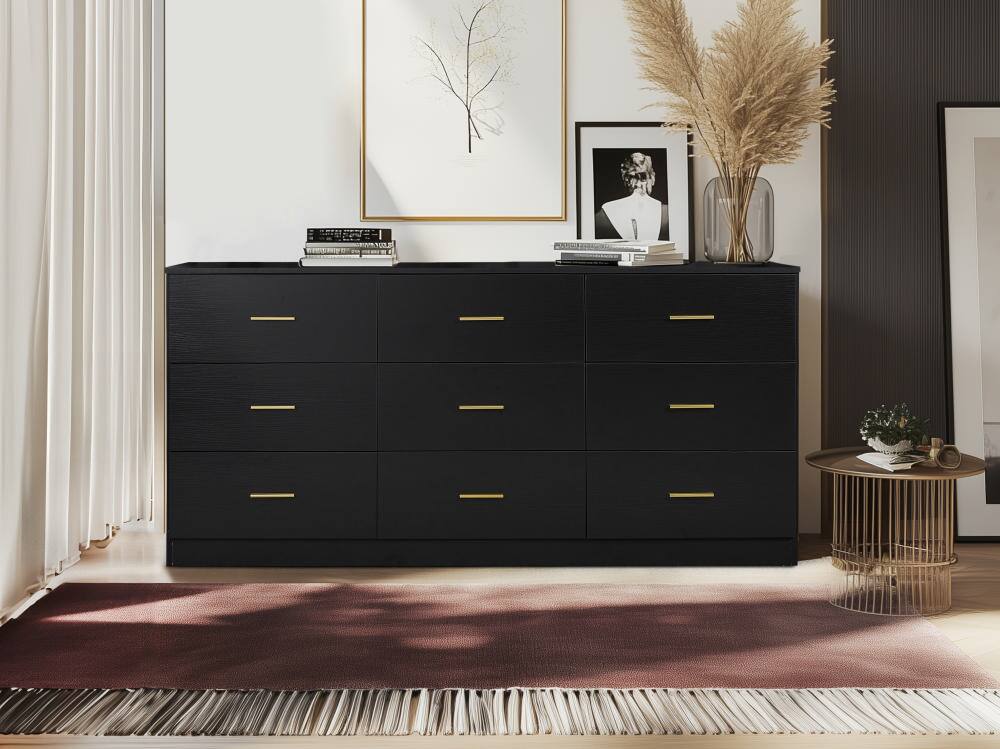 Front. GOODSILO - 9-Drawer Dresser for Bedroom - Ample Storage Wide Chest, Sturdy & Safe - Black.