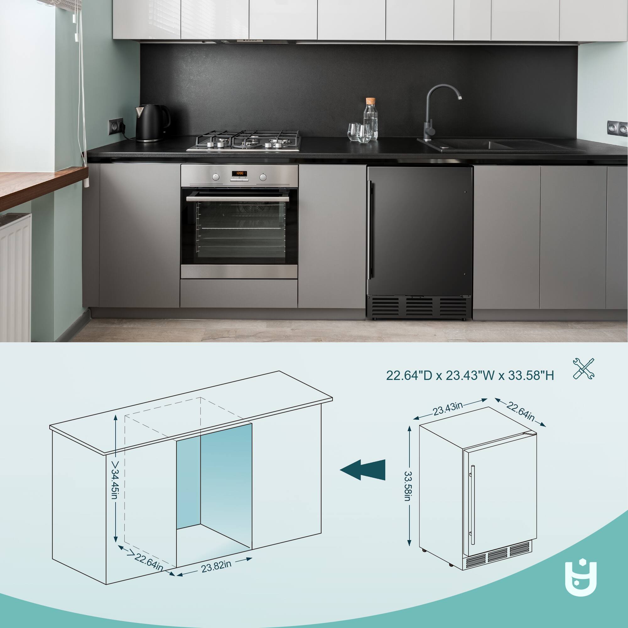- 22.64"D x 23.43"W x 33.58"H
- 23.43in
- 22.64in
- 23.45in
- 33.58in
- 22.64in
- 64in
- 23.82in

Corrected and grouped dimensions:
- 22.64"D x 23.43"W x 33.58"H
- 23.43in
- 22.64in
- 23.45in
- 33.58in
- 22.64in
- 64in
- 23.82in