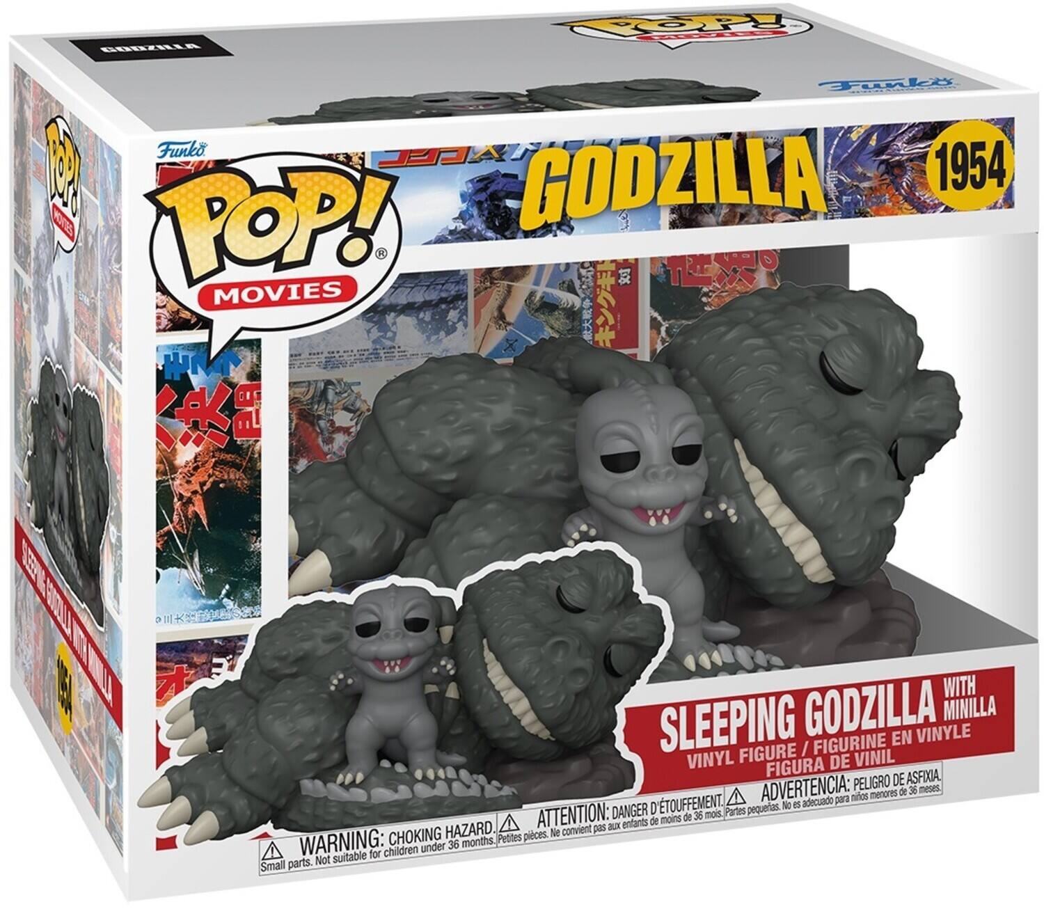 Funko POP! Movies  
Godzilla 1954  
Sleeping Godzilla with Minilla  
Vinyl Figure / Figurine en Vinyle / Figura de Vinil  
Advertencia: Peligro de Asfixia  
Attention: Danger d'Étouffement  
Warning: Choking Hazard  
Small parts. Not suitable for children under 36 months.  
Petites pièces. Ne convient pas aux enfants de moins de 36 mois.
