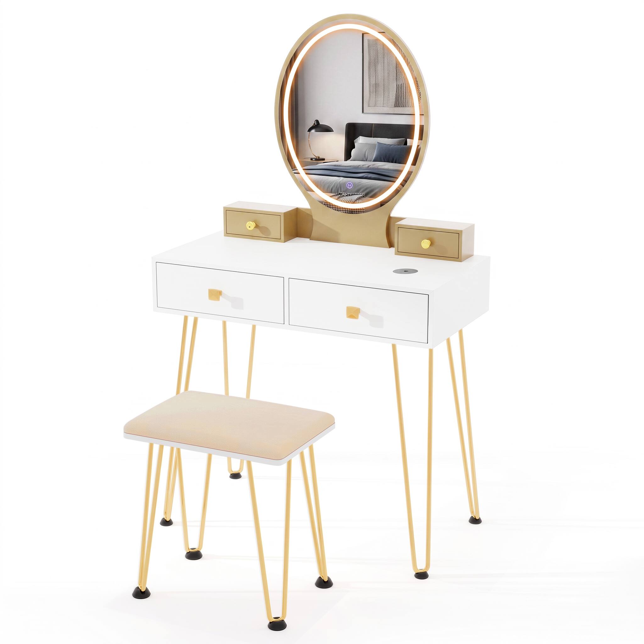 Left. WELLFOR - Makeup Vanity Desk with Oval 3‑Color Lighted Mirror,Charging Station, 4 Drawers and Velvet Padded Stool for Bedroom - White.