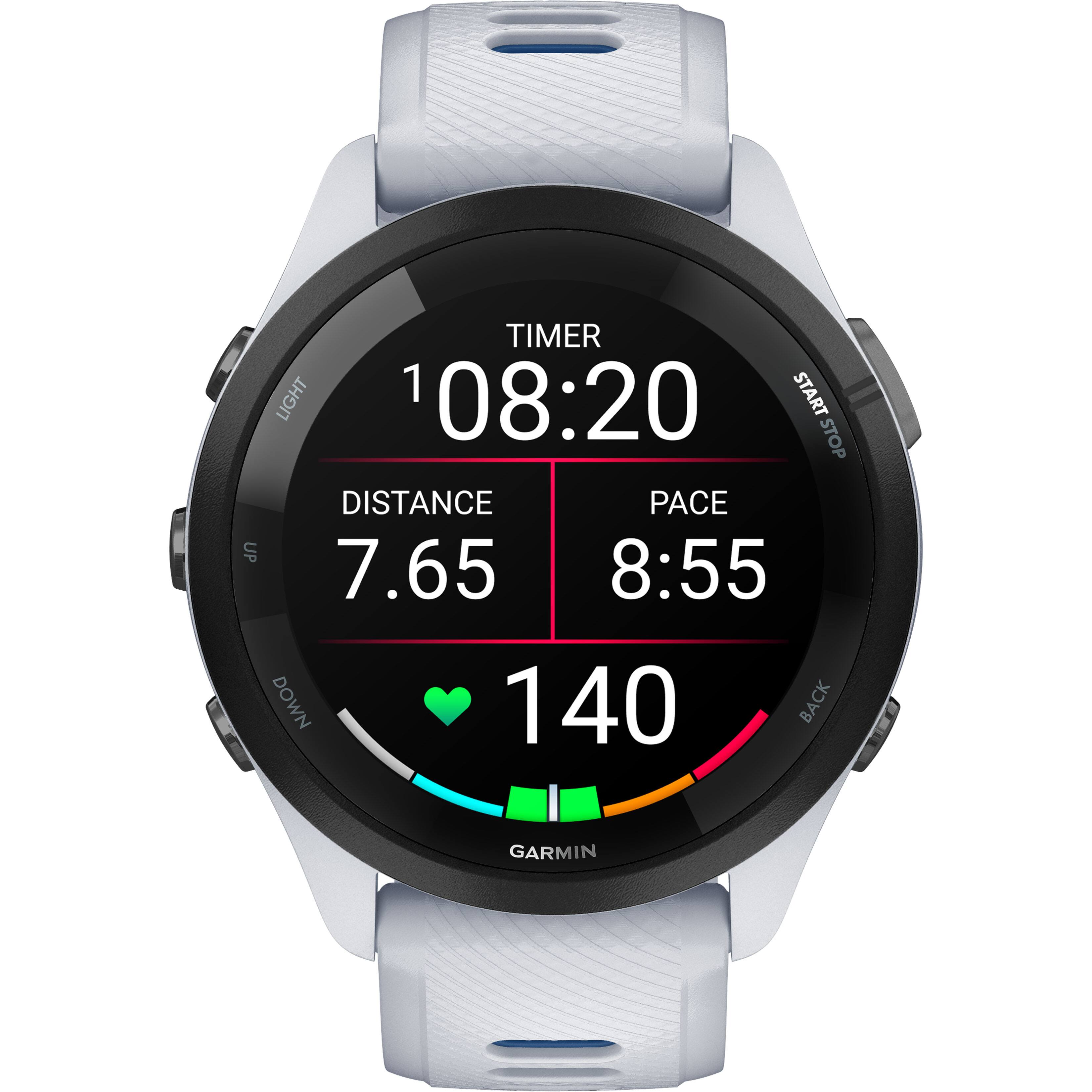 The timer on the watch is set to 108:20. The watch displays the distance, pace, and heart rate. The distance is 7.65 miles, the pace is 8:55, and the heart rate is 140. The watch is made by Garmin.