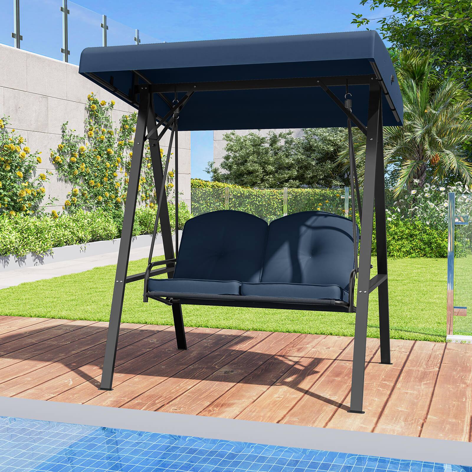 Alt View 4. Costway - Costway 2-Person Outdoor Porch Swing Swing Loveseat with A-Shaped Metal Stand - Navy.