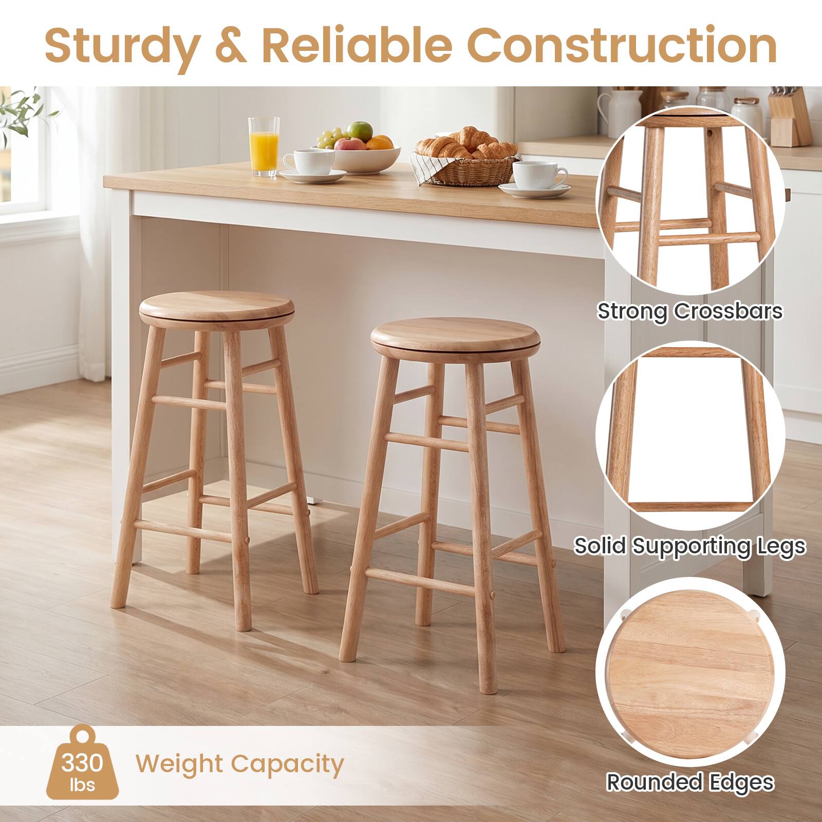 Sturdy & Reliable Construction  
Strong Crossbars  
Solid Supporting Legs  
330 Weight Capacity lbs  
Rounded Edges