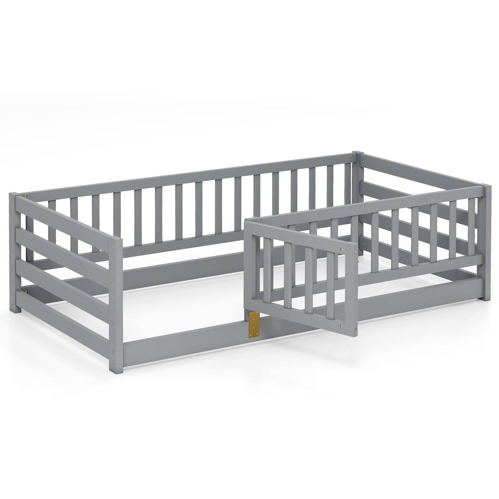 Alt View 9. Gymax - Gymax Twin Size Floor Bed w/High Fence & Door Safety Guardrails Wood Floor Bed Frame Gray - Gray.
