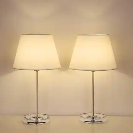 Front. Oumilen - Modern Table Lamps Set of 2 - Silver Acrylic Base Bedside Lamps with White Fabric Shade for Bedroom Girls Room Dorm.