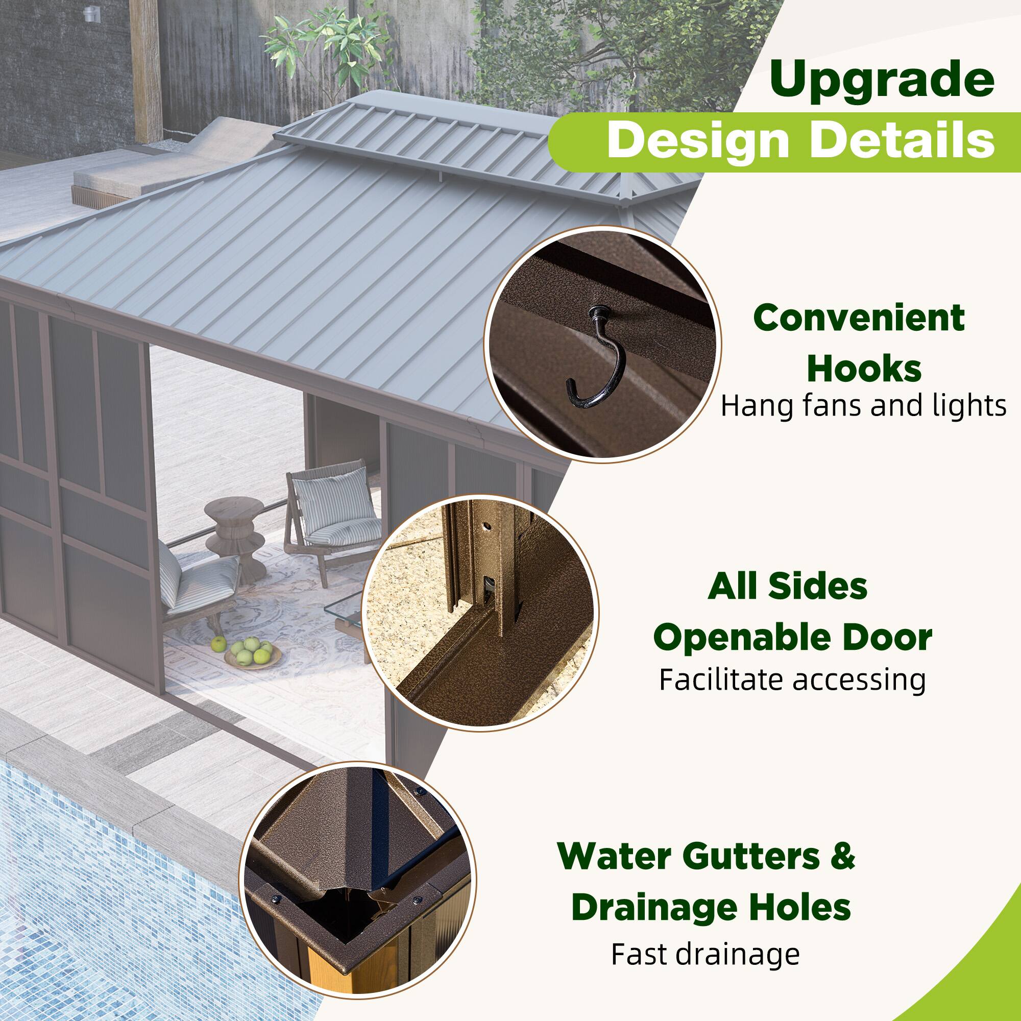 Upgrade Design Details

Convenient Hooks  
Hang fans and lights

All Sides Openable Door  
Facilitate accessing

Water Gutters & Drainage Holes  
Fast drainage