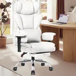 KERDOM - Ergonomic Large Executive PU Leather Office Chair with Lifting Arms Footrest & Lumbar Pillow, Wide Seat for Home Office - White
