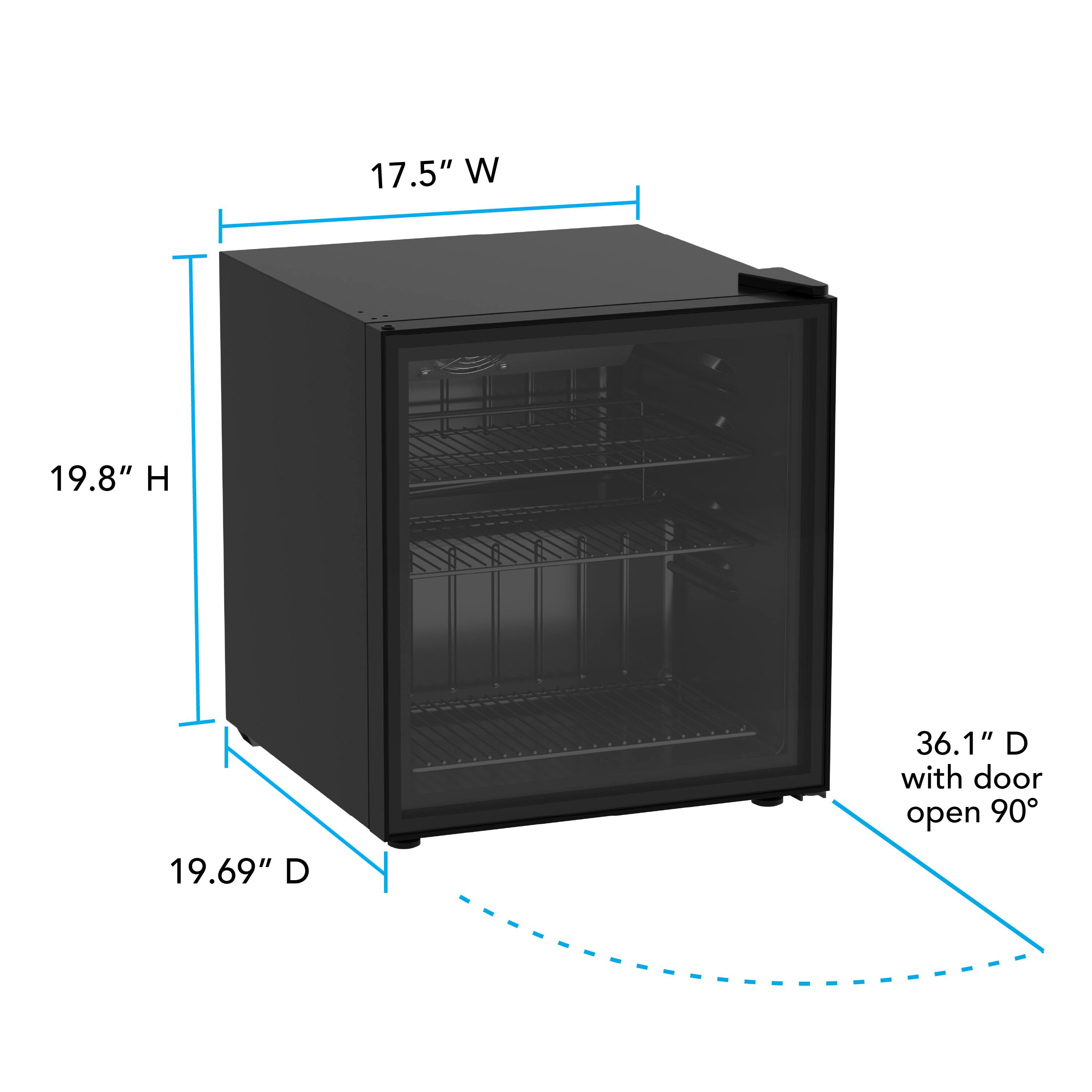 17.5" W  
19.8" H  
19.69" D  
36.1" D with door open 90°