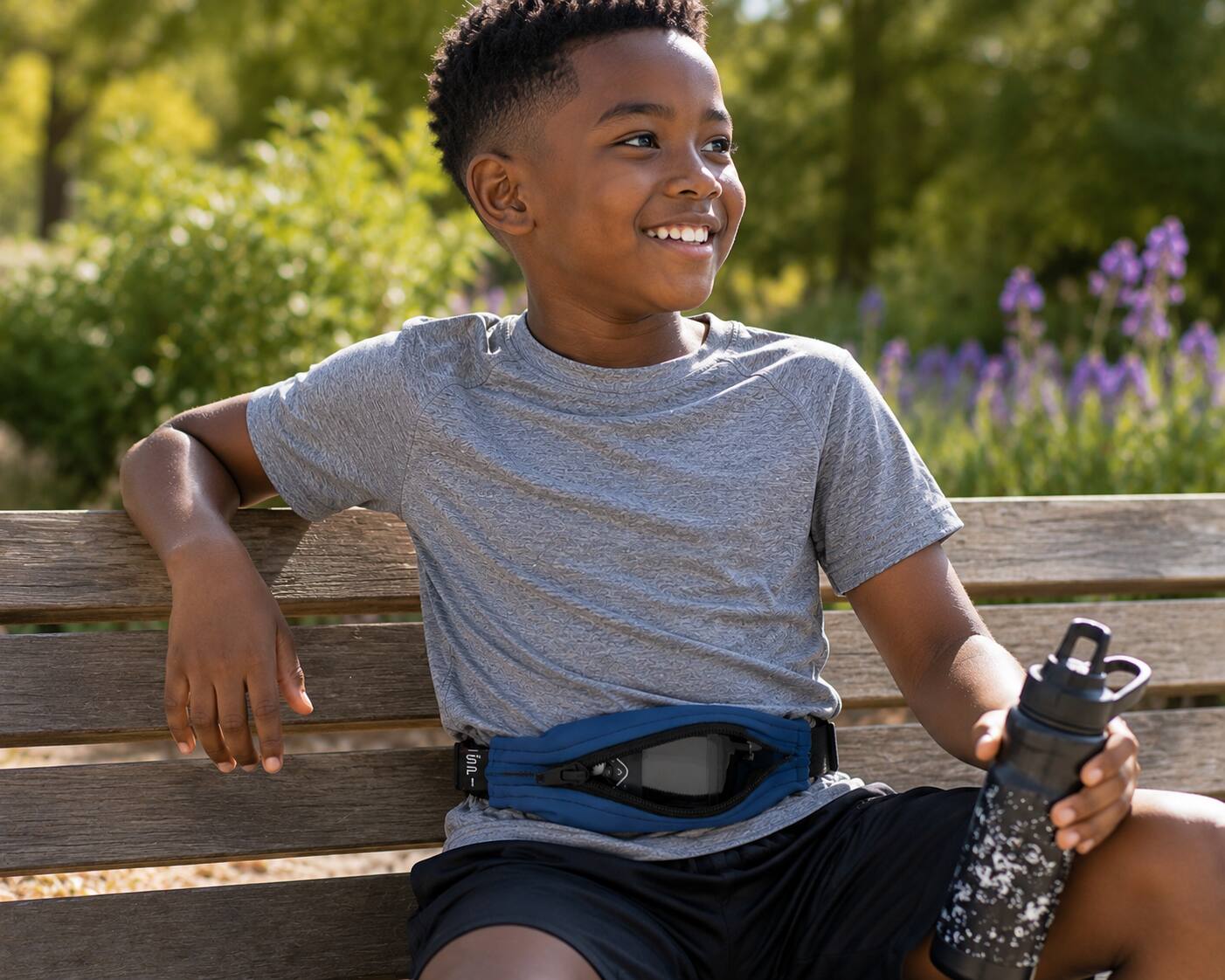 Left. SPIBelt - Children's Running Belt - Steel Blue.