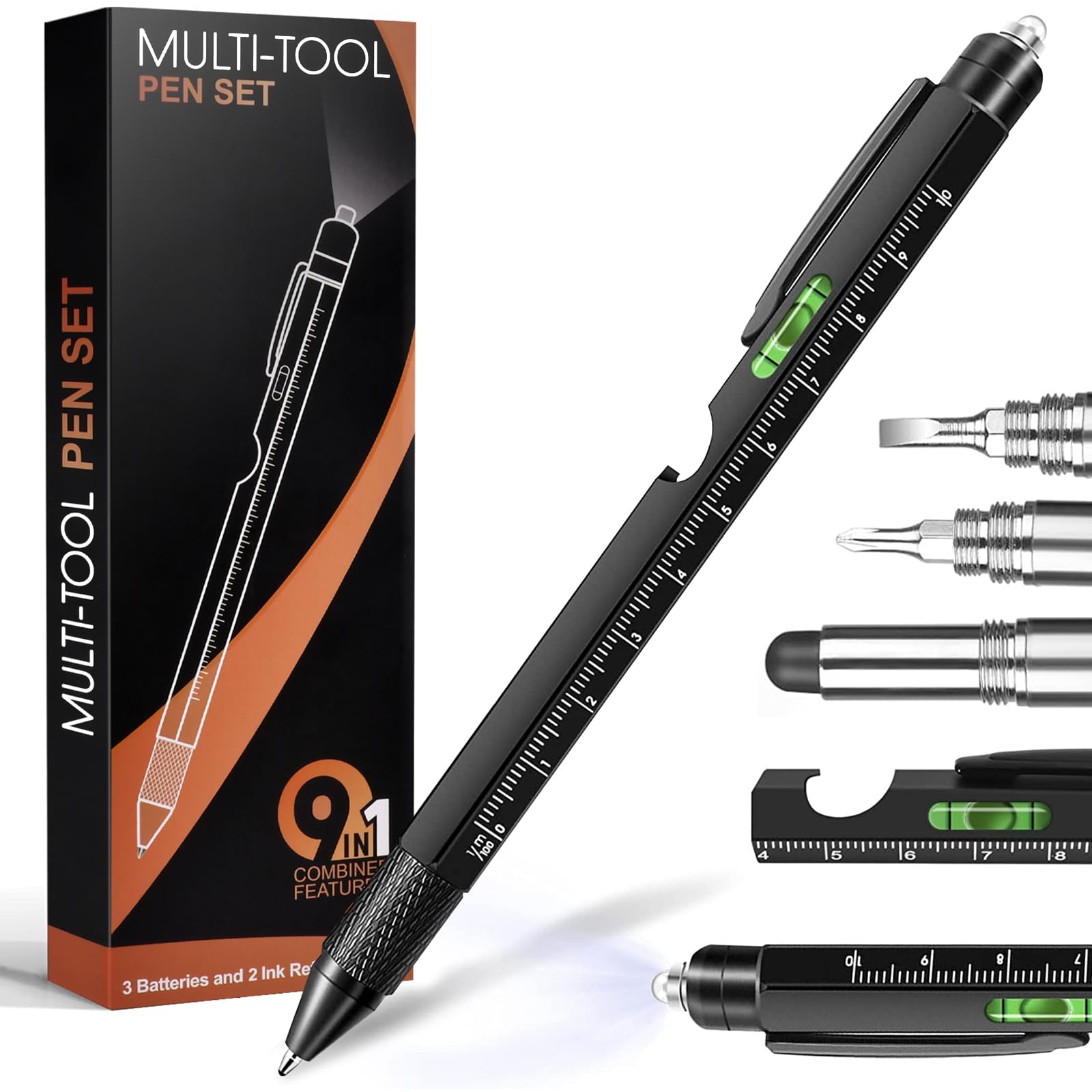MULTI-TOOL PEN SET

9 IN 1 COMBINE FEATURE

3 Batteries and 2 Ink Refills