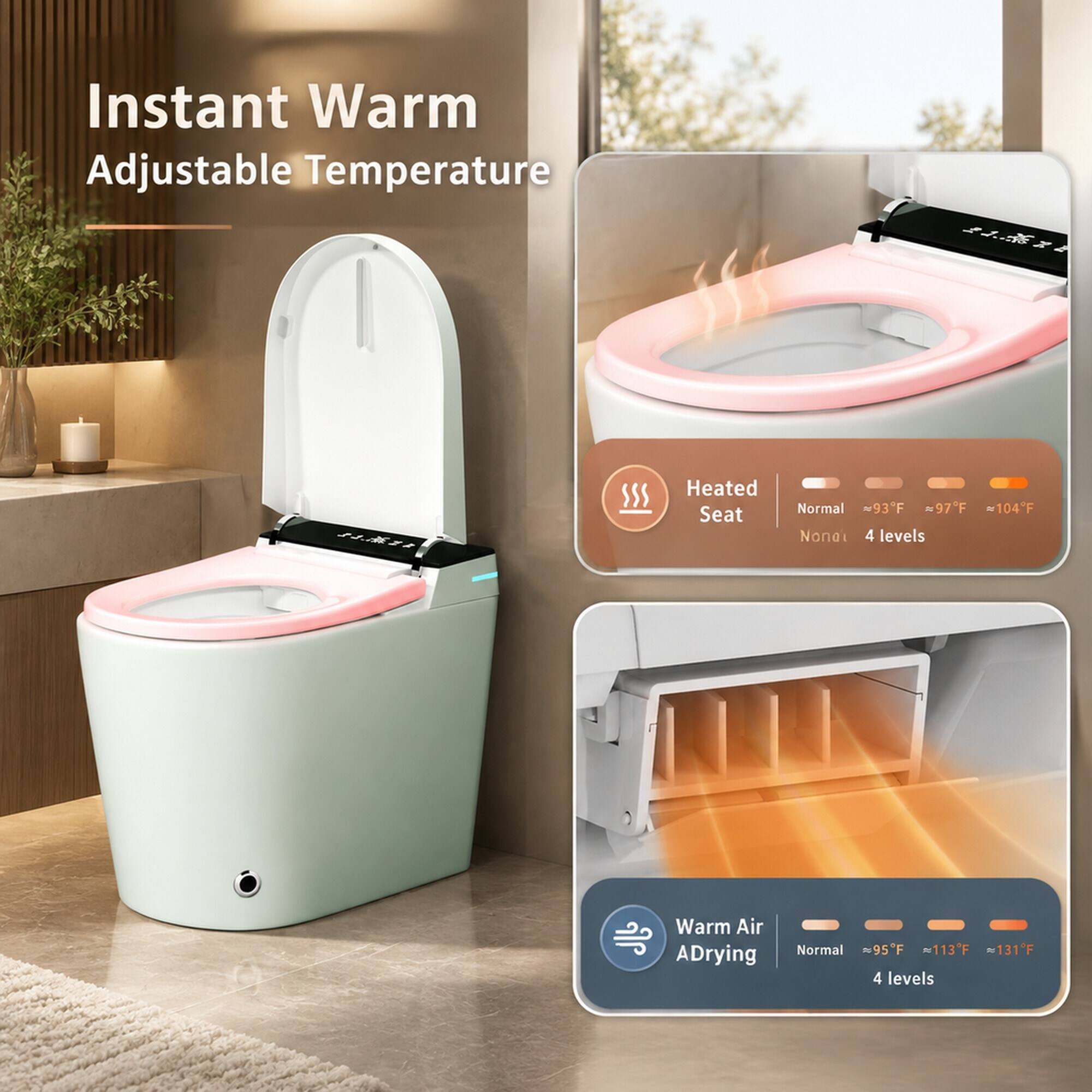 Instant Warm Adjustable Temperature

Heated Seat
Normal ≈93°F ≈97°F ≈104°F
Nonal 4 levels

Warm Air ADrying
Normal ≈95°F ≈113°F ≈131°F
4 levels