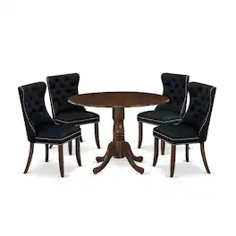 East West Furniture - 5 Piece Dining Table Set Contains a Round Solid Wood Table with Dropleaf - Black