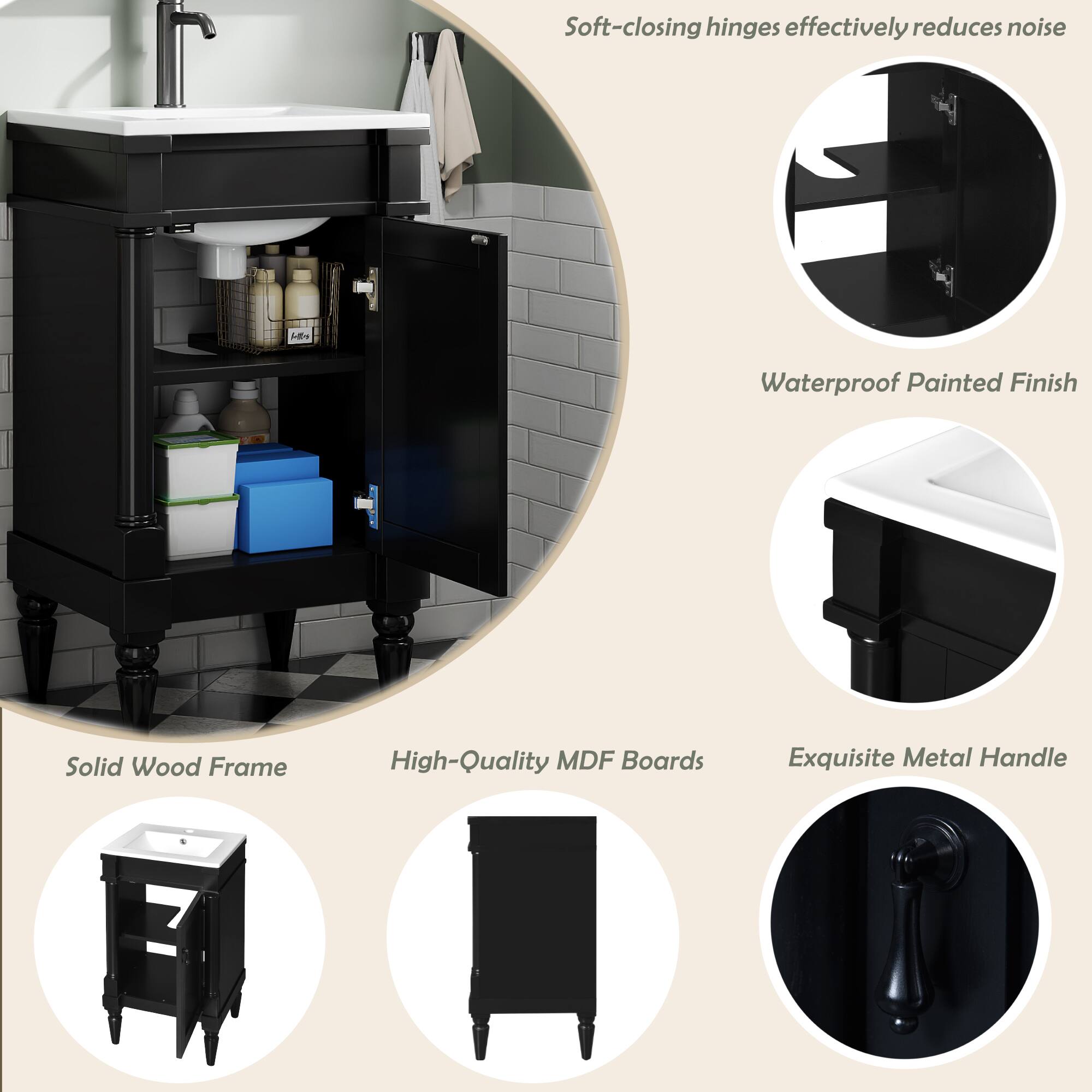 - Soft-closing hinges effectively reduce noise
- Waterproof Painted Finish
- Solid Wood Frame
- High-Quality MDF Boards
- Exquisite Metal Handle