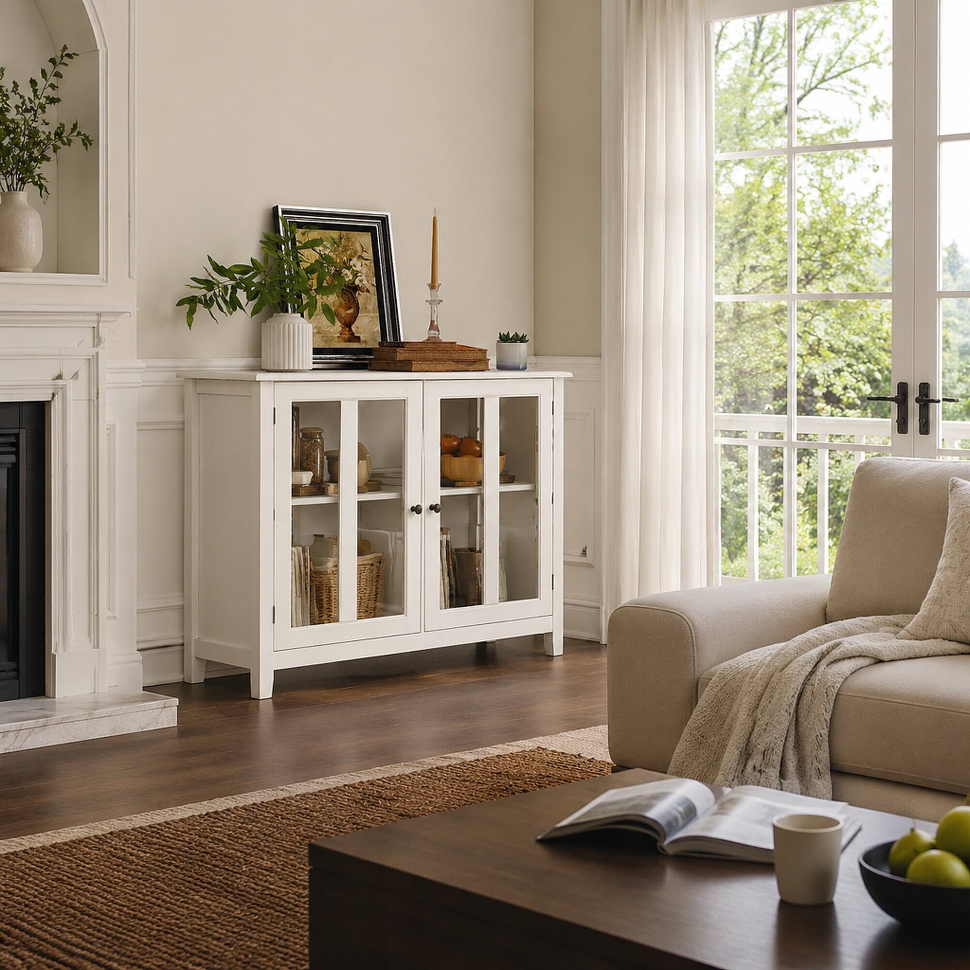 Back. RYHNUYNE - Freestanding Buffet Storage Cabinet with Double Glass Doors and Bell Handle, Dining Sideboard - White.