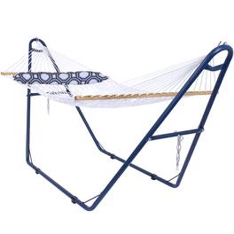Sunnydaze - 2-Person Rope Hammock with Blue Steel Stand and Pillow - White