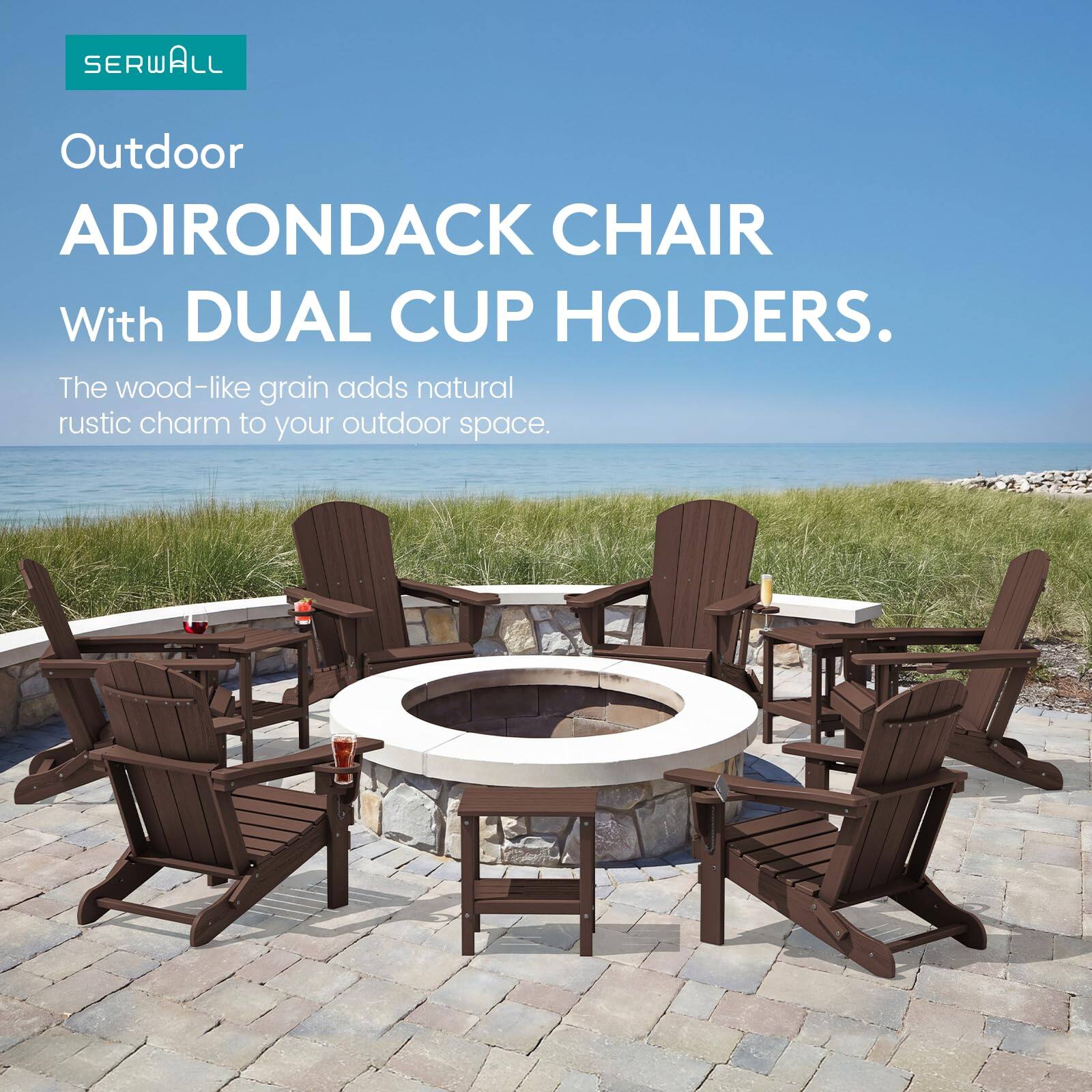 SERWALL Outdoor ADIRONDACK CHAIR With DUAL CUP HOLDERS. The wood-like grain adds natural rustic charm to your outdoor space.