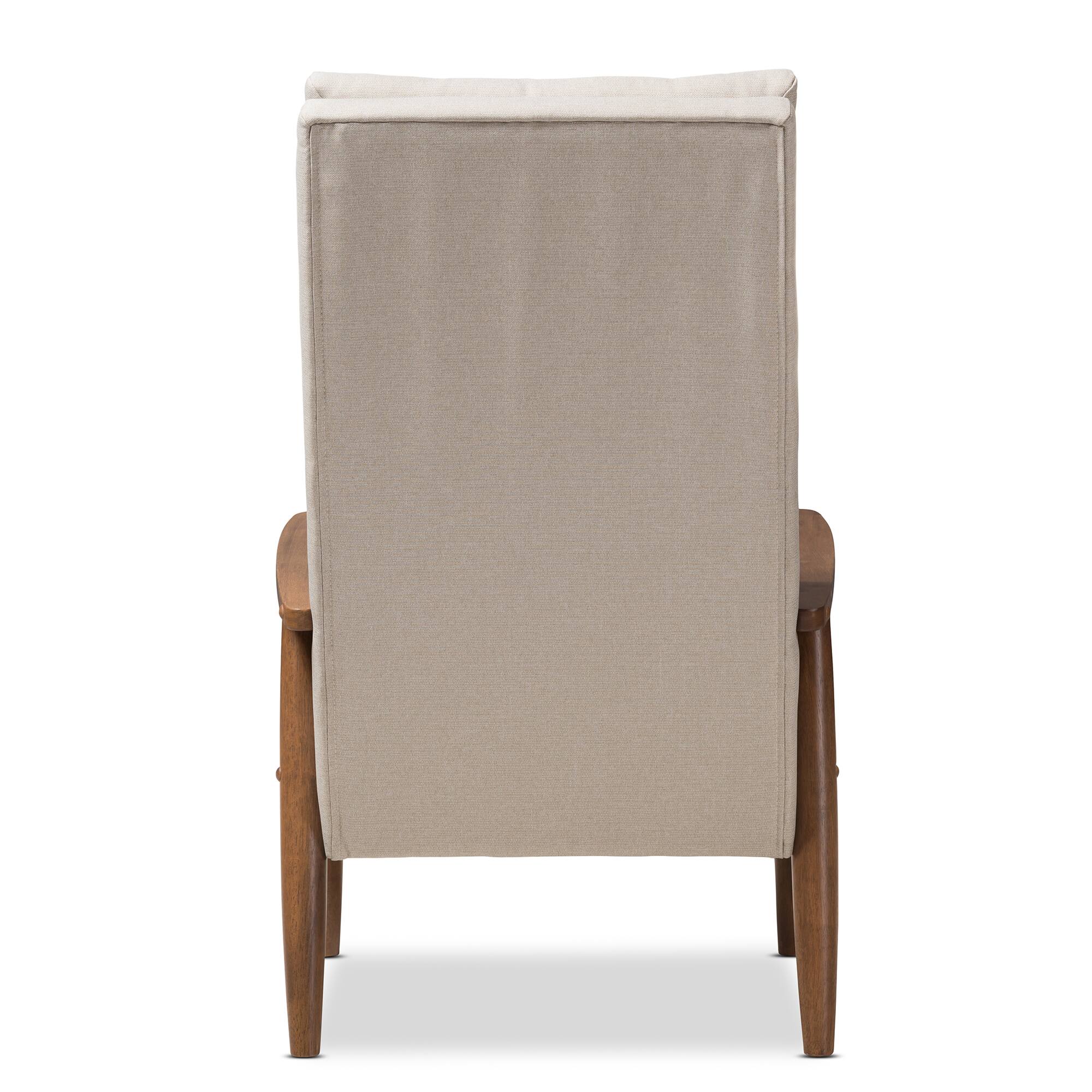 Back. Baxton Studio - Roxy Mid-Century Modern Walnut Finish Wood and Fabric Upholstered Button-Tufted High-Back Chair - Light Beige/"Walnut" Brown.