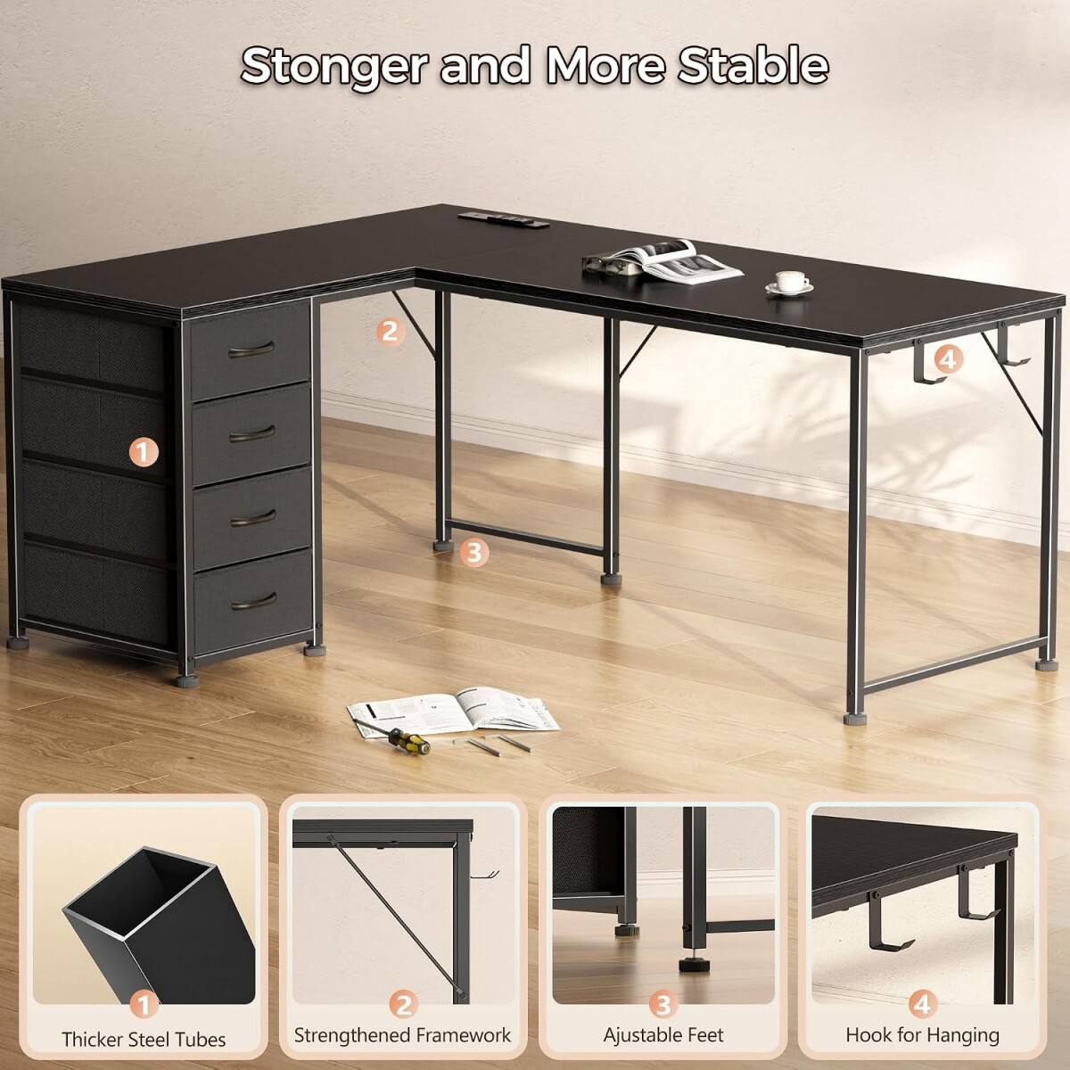 Stronger and More Stable

1. Thicker Steel Tubes
2. Strengthened Framework
3. Adjustable Feet
4. Hook for Hanging