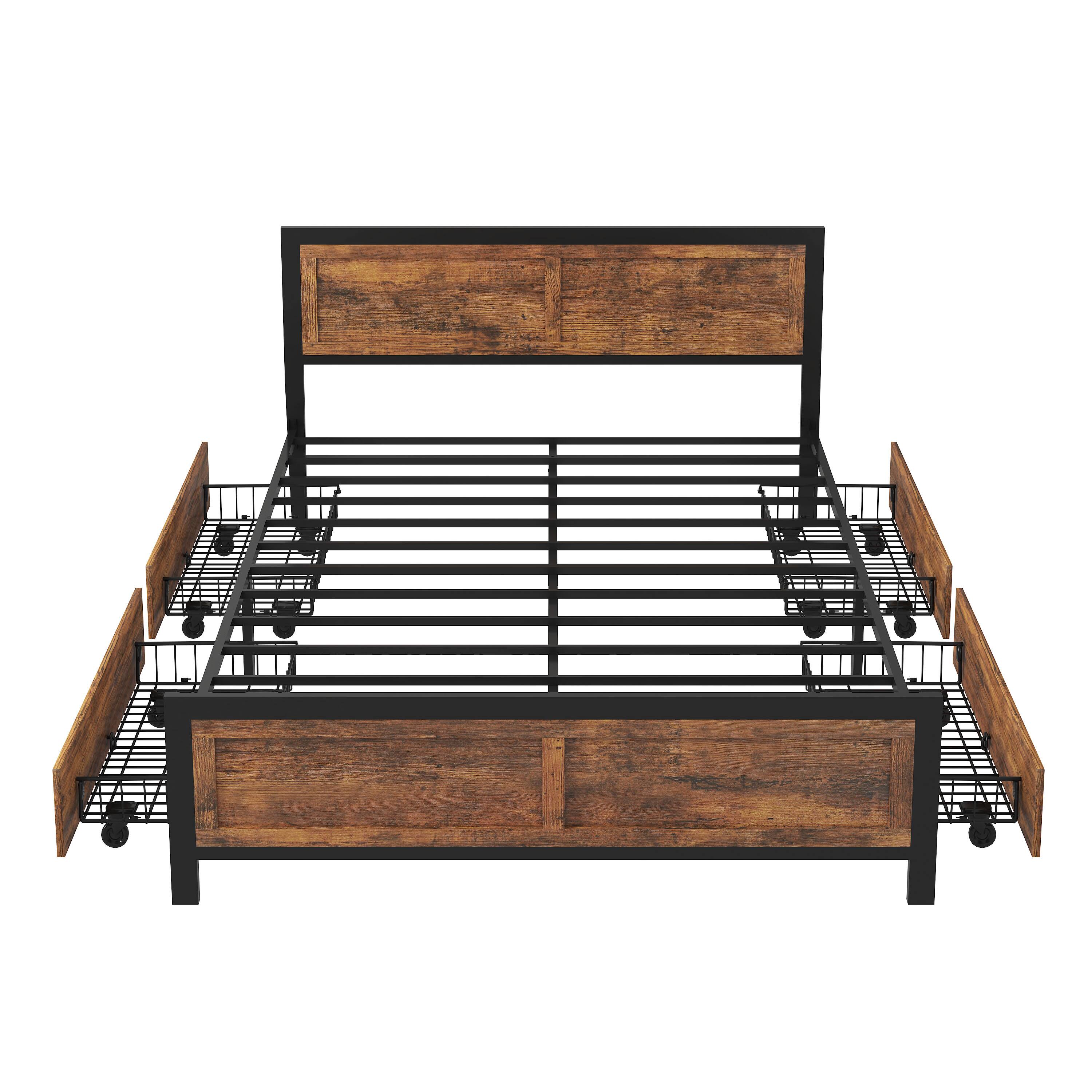 Alt View 1. Dyonery - Queen-size bed frame with 4 storage compartments, featuring a sturdy metal support platform base paired . - Brown.