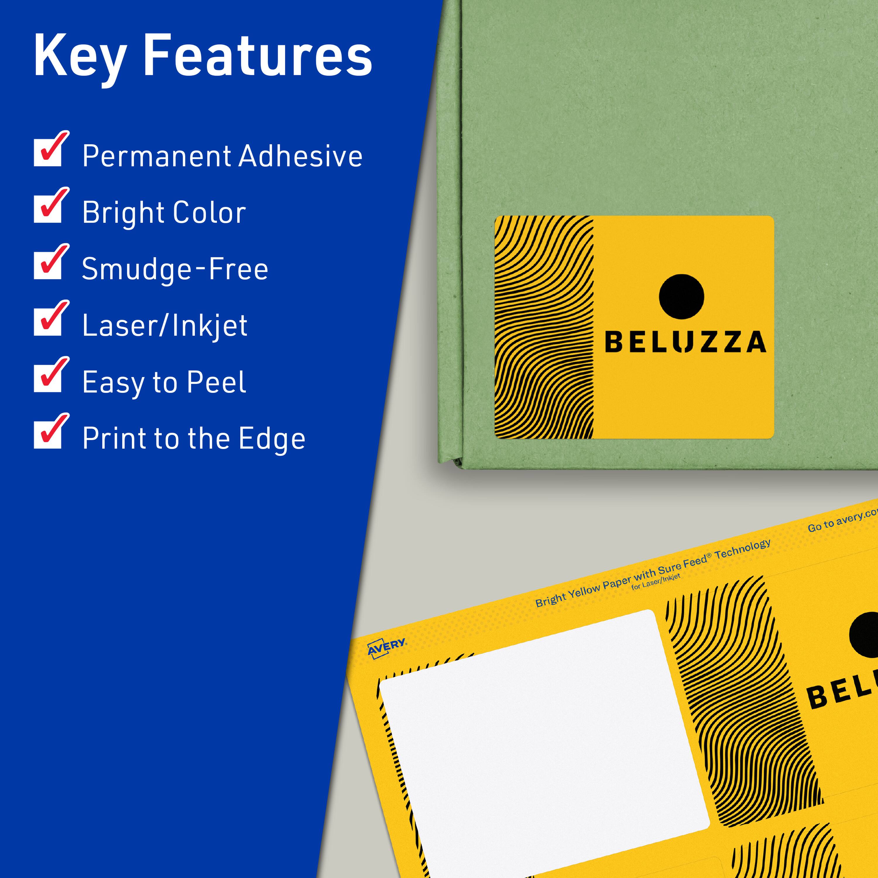Key Features  
- Permanent Adhesive  
- Bright Color  
- Smudge-Free  
- Laser/Inkjet  
- Easy to Peel  
- Print to the Edge  

BELUZZA Feed Technology with Sure Paper for Laser/Inkjet  

Bright Yellow Paper with Sure Feed™ Technology for Laser/Inkjet  

Go to avery.com
