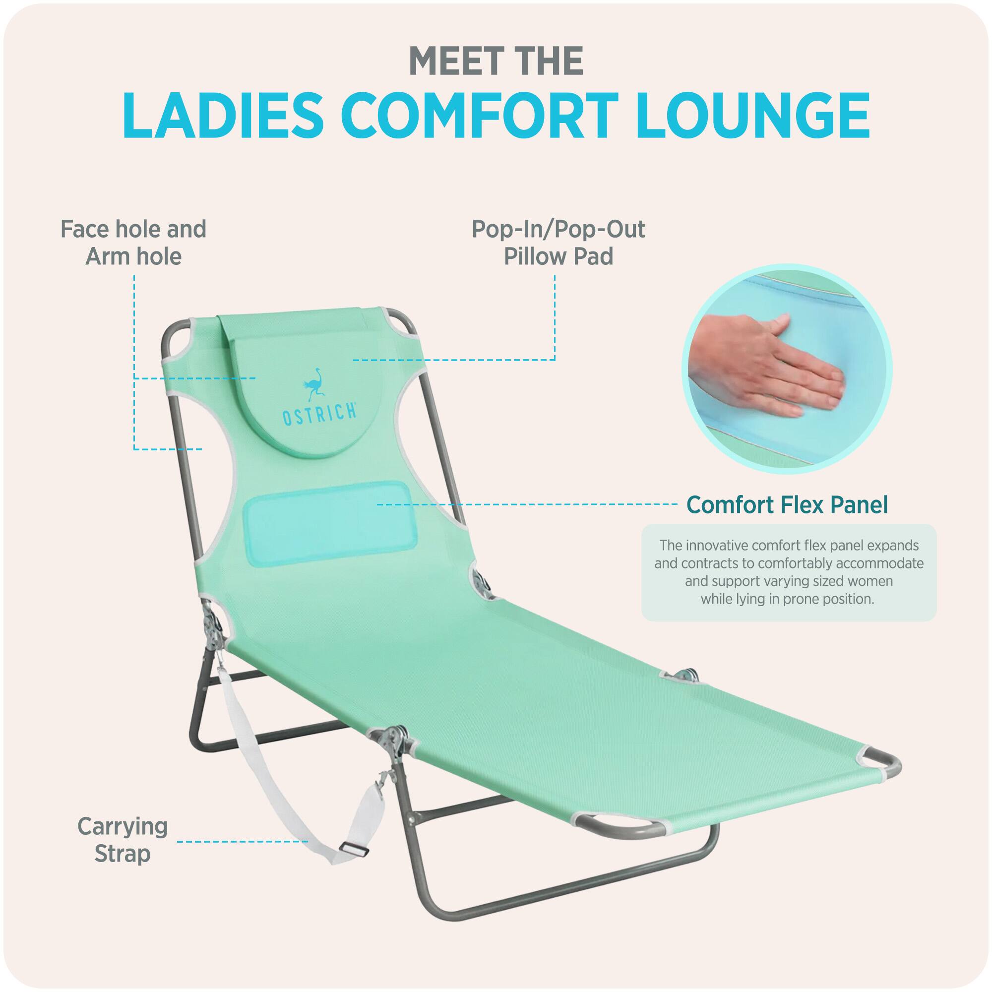 MEET THE LADIES COMFORT LOUNGE

Face hole and Arm hole

Pop-In/Pop-Out Pillow Pad

Comfort Flex Panel
The innovative comfort flex panel expands and contracts to comfortably accommodate and support varying sized women while lying in prone position.

Carrying Strap