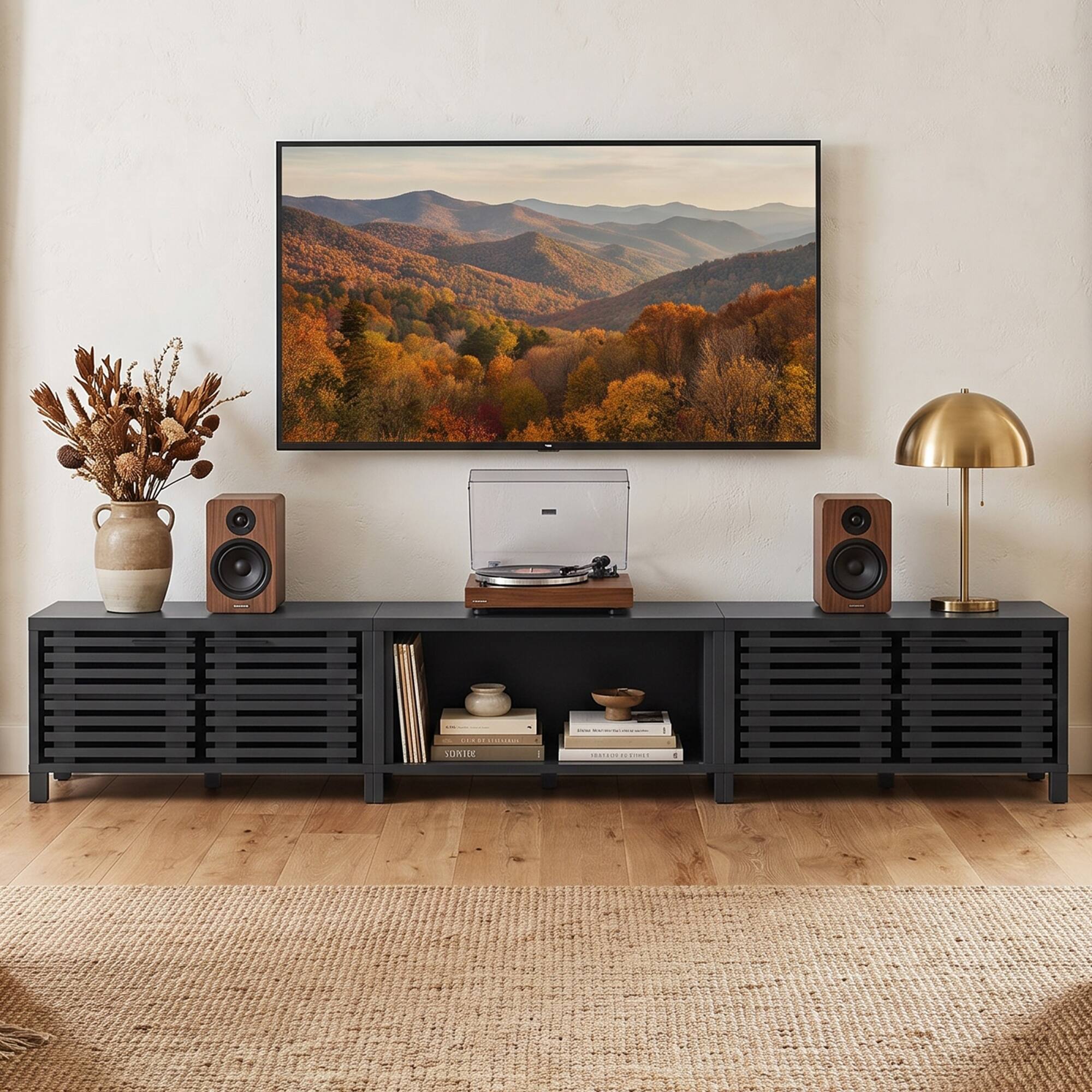 Ihomeadore - 115" Farmhouse Slatted-Door TV Stand 3 Module Entertainment Center for TVs up to 100'' - Black