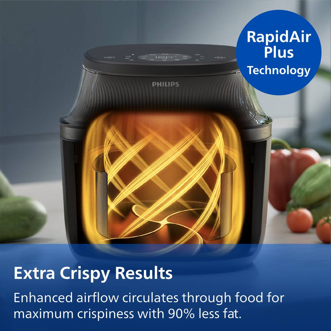 PHILIPS RapidAir Plus Technology  
Extra Crispy Results  
Enhanced airflow circulates through food for maximum crispiness with 90% less fat.