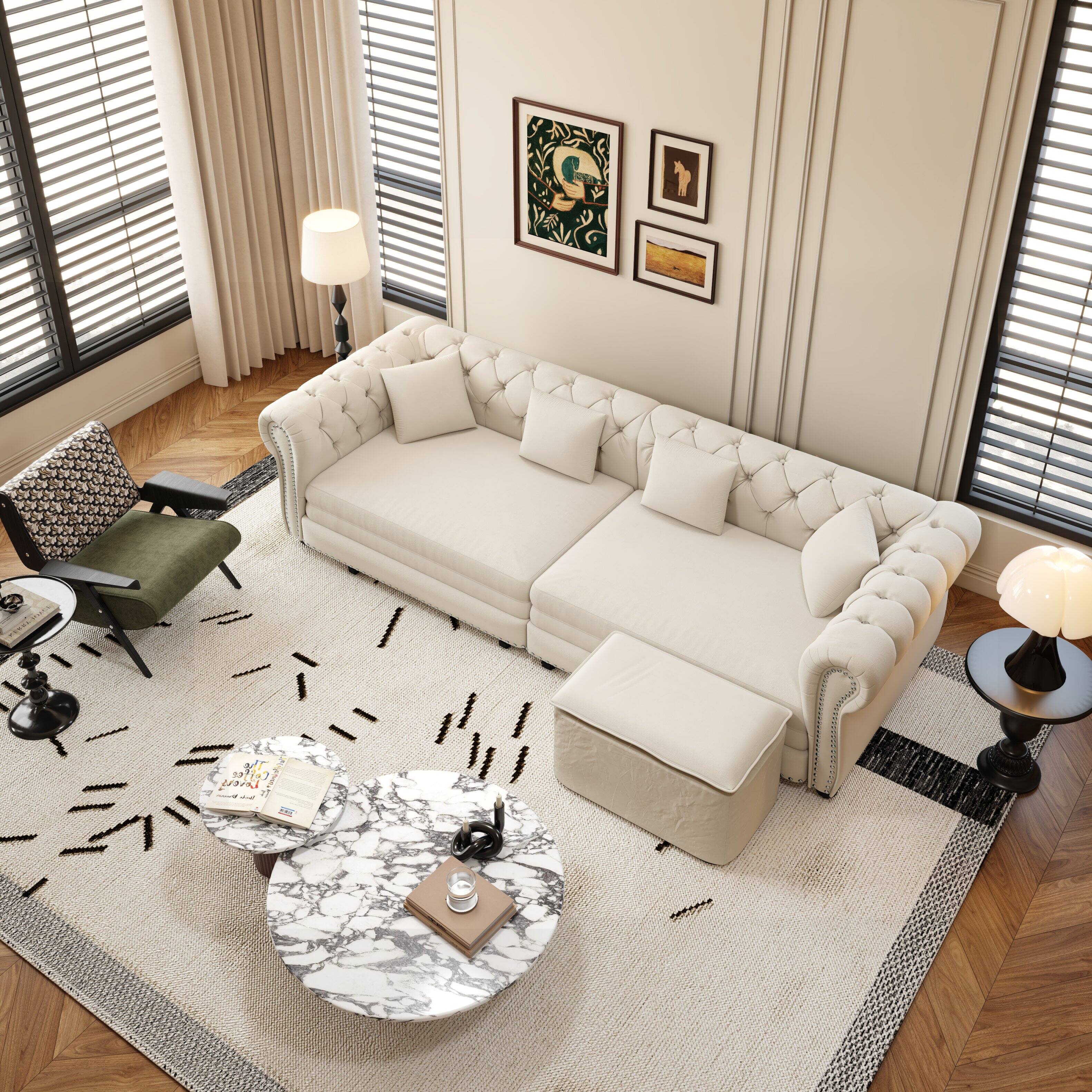 Left. Anysun - 89" 3-in-1 Velvet Chesterfield Pull-Out Sofa Bed - King Size Sleeper with Chaise & Movable Ottoman - White.