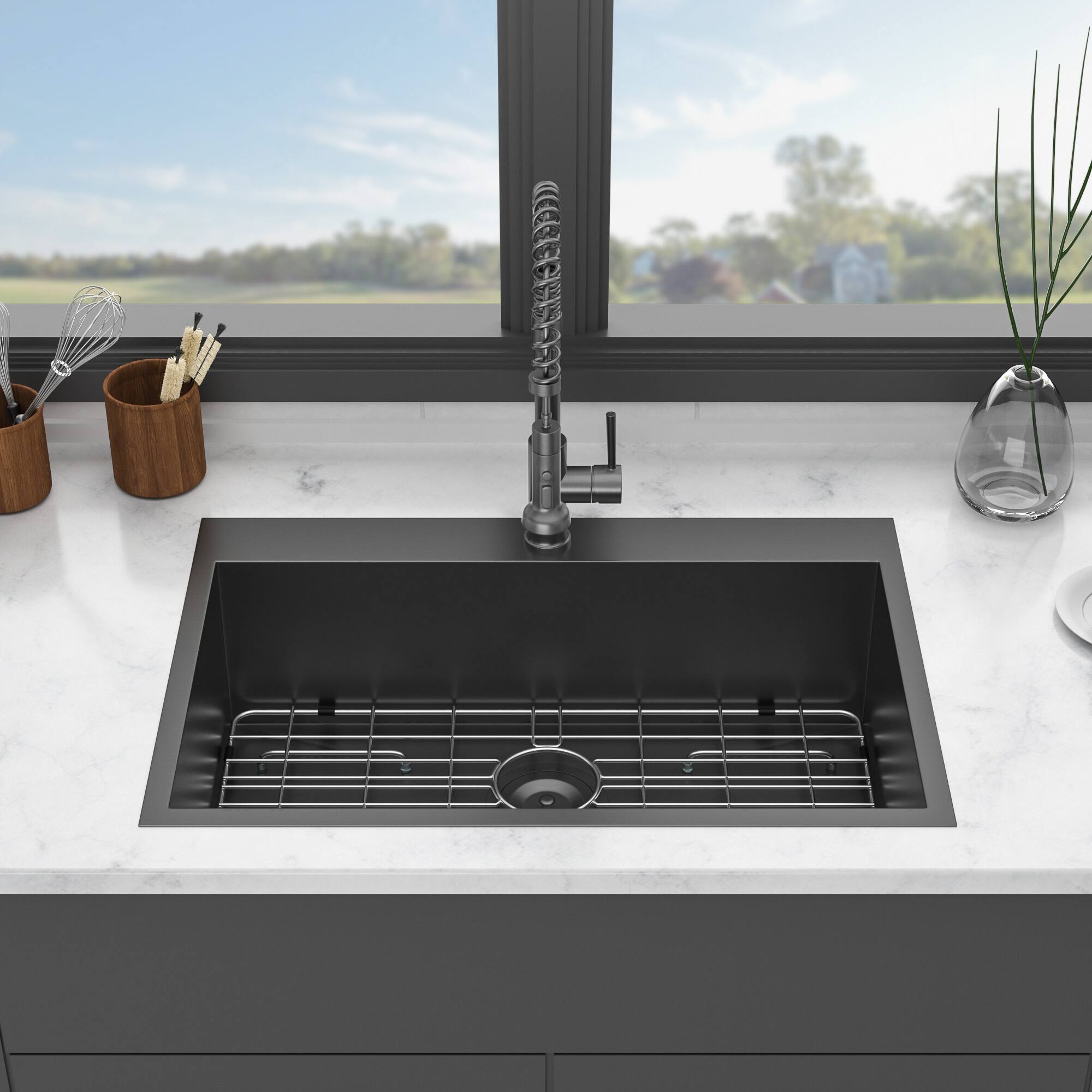 Front. APRILSOUL - 30 x 22 x 9 inch Drop In Kitchen Sink - Topmount Gunmetal Black Stainless Steel 16 Gauge Singe Bowl Kitchen Sink Basin - Gunmetal Black.