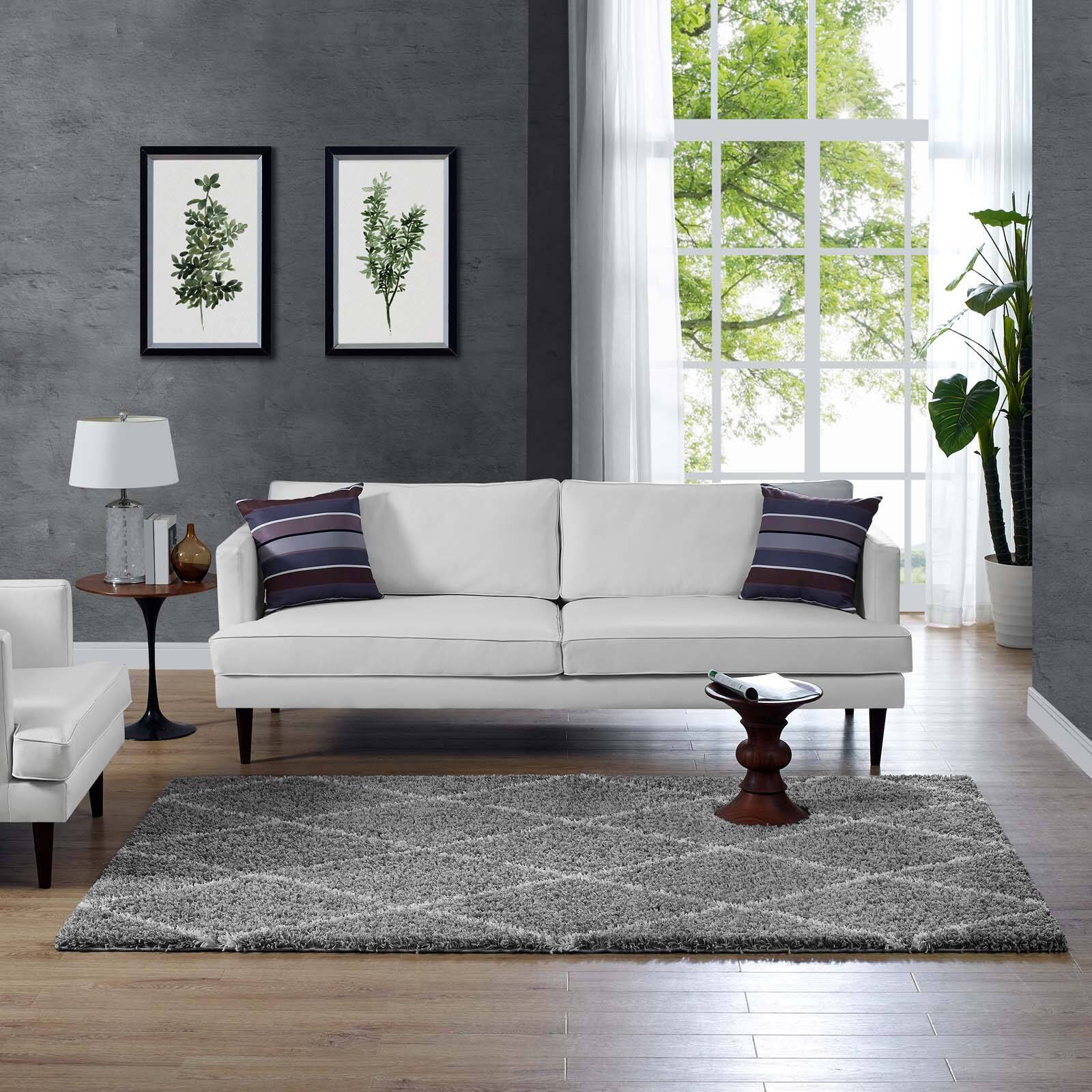 Left. Modway - Toryn Diamond Lattice Shag Area Rug - Gray and Ivory.