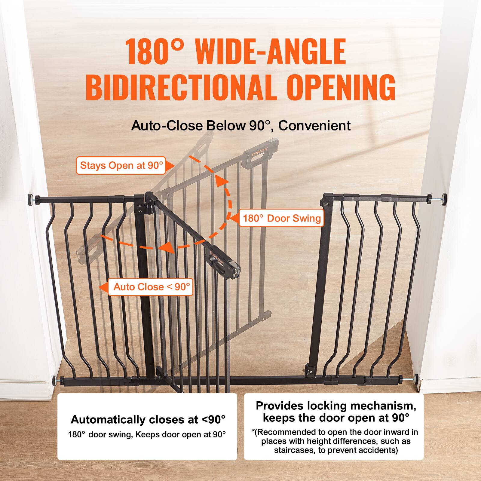 The text can be grouped and corrected as follows:

**180° Wide-Angle Bidirectional Opening**

- **Auto-Close Below 90°**: Convenient
- **Stays Open at 90°**
- **180° Door Swing**: Automatically closes at <90°, keeps the door open at 90°
- **Provides locking mechanism**: Keeps the door open at 90°
- *(Recommended to open the door inward in places with height differences, such as staircases, to prevent accidents)*

This product allows the door to swing up to 180° and automatically closes when the angle is less than 90°, while keeping the door open at 90°. It also includes a locking mechanism to hold the door at 90°.