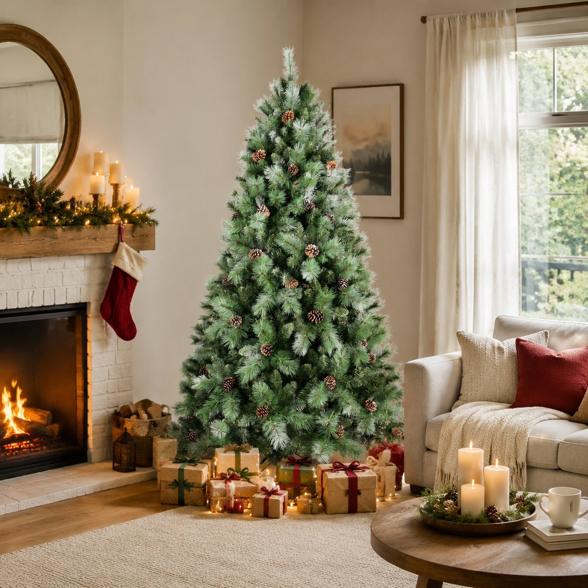 Angle. RYHNUYNE - 6FT Christmas Tree With 66 Pine Cones, 988 Mixed PVC Hard Needle Branches Hinged Structure Sturdy Metal Stand - Green.