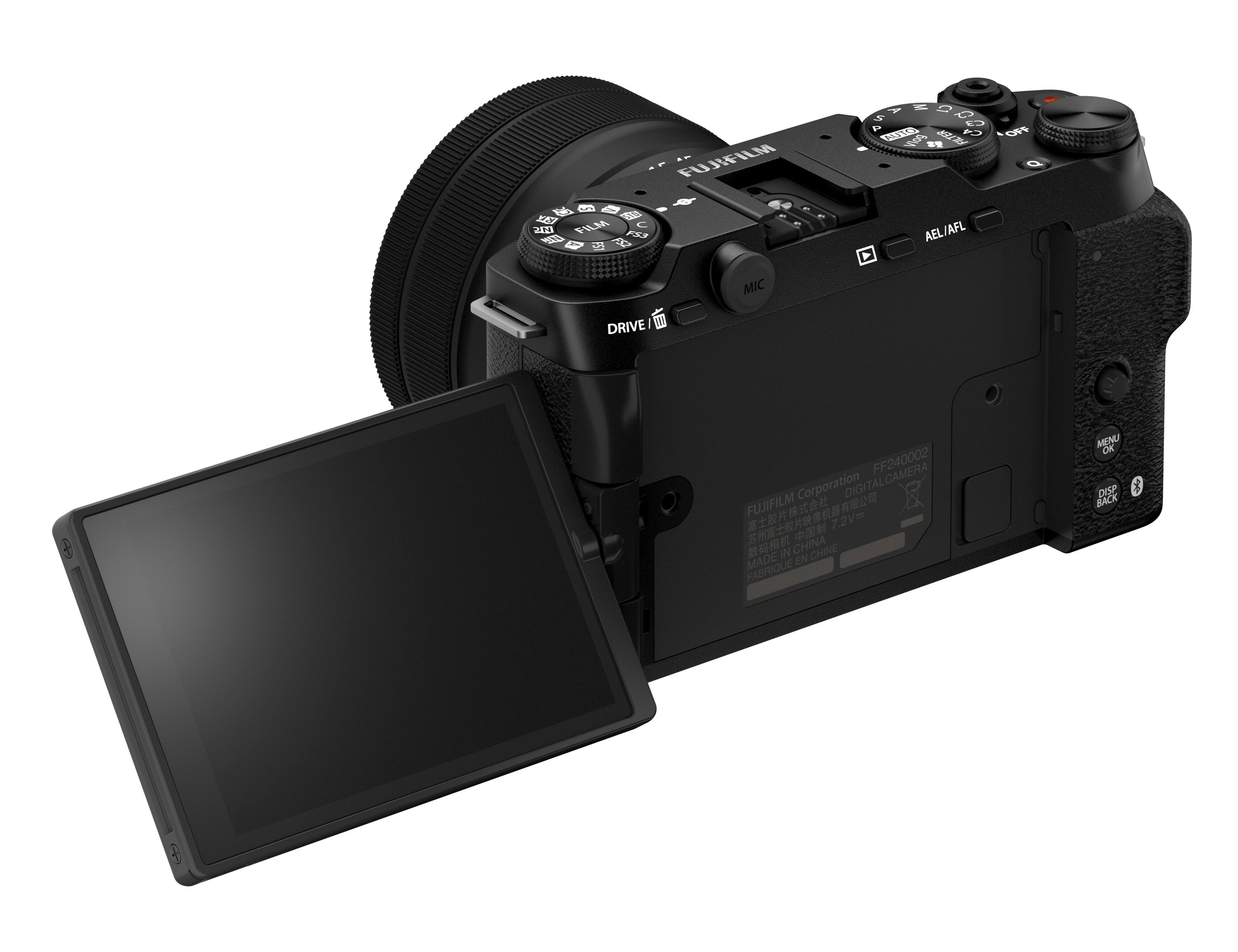 The text on the image reads: "FUJFILM DIGITAL CAMERA FUJFILM CHINA 7.2Vm MADE IN CHINA FABRIQUE MENU OK DISP BACK."