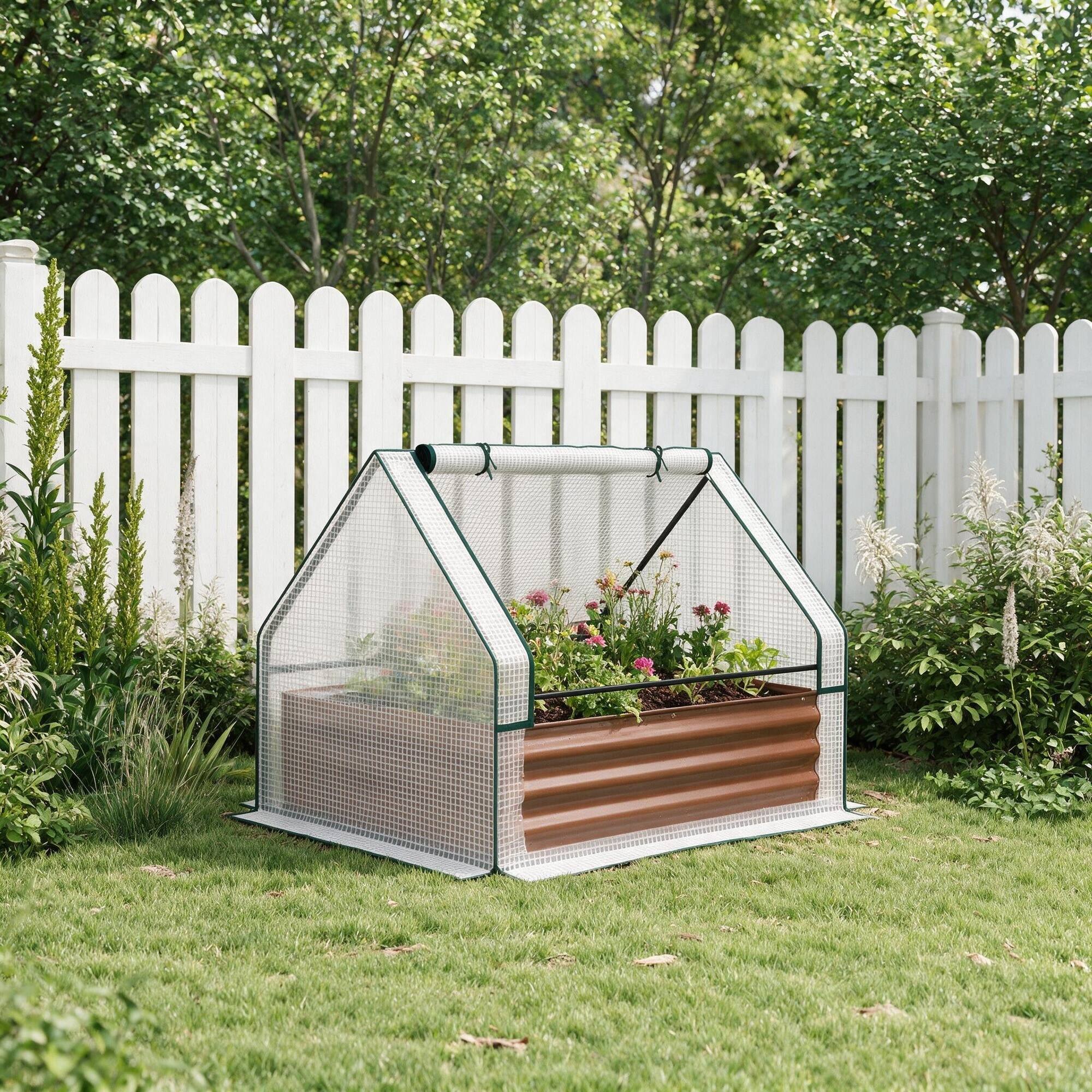 Back. RYHNUYNE - Outsunny Raised Garden Bed with Mini Greenhouse, Galvanized Steel Planter Box with White Cover for Vegetables - White.