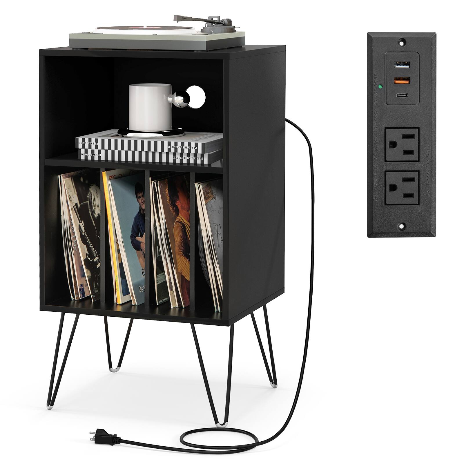 Alt View 8. Ecooso - Record Player Stand with Charging Station, Turntable Table for Living Room or Bedroom - Black.