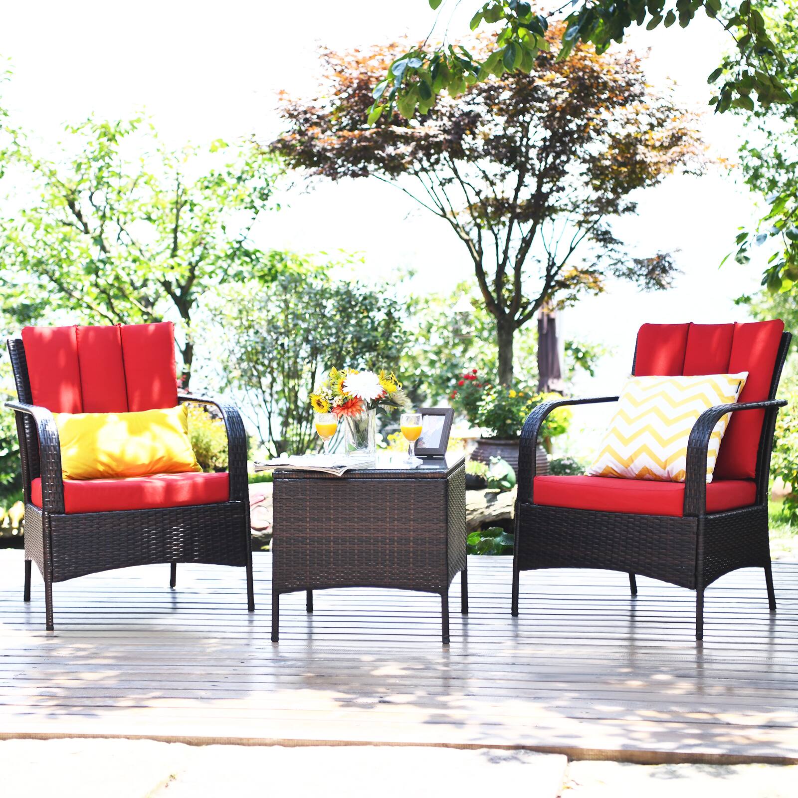 Alt View 1. Costway - 3 PCS Patio Wicker Rattan Furniture Set Coffee Table & 2 Rattan Chair W/Cushions - Red.