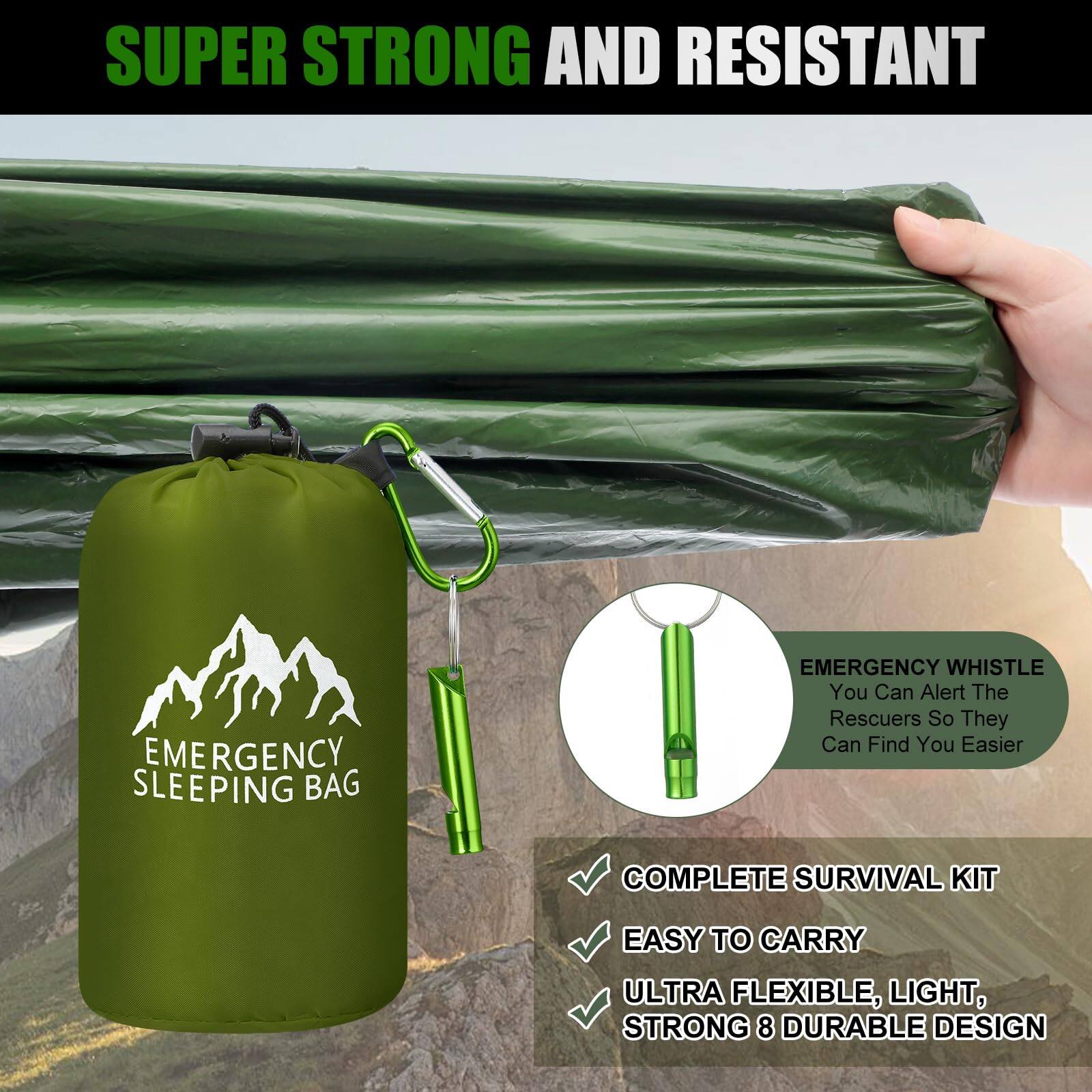 SUPER STRONG AND RESISTANT

EMERGENCY SLEEPING BAG

EMERGENCY WHISTLE
You Can Alert The Rescuers So They Can Find You Easier

COMPLETE SURVIVAL KIT
EASY TO CARRY
ULTRA FLEXIBLE, LIGHT, STRONG & DURABLE DESIGN