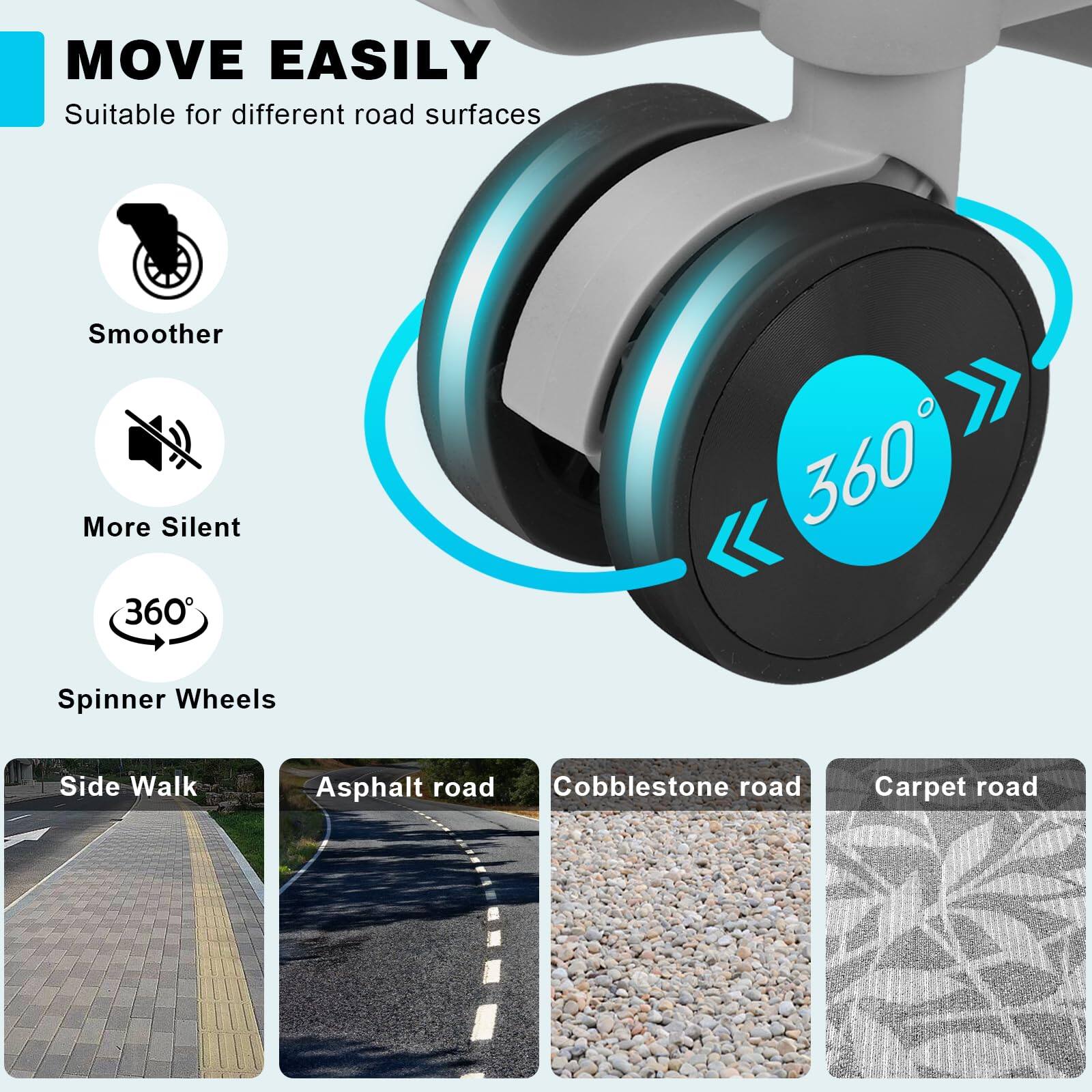 MOVE EASILY  
Suitable for different road surfaces  

- Smoother  
- More Silent  
- 360° Spinner Wheels  

Side Walk  
Asphalt road  
Cobblestone road  
Carpet road