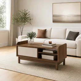 WELLFOR - Mid-Century Center Table with Weaving Sliding Door & Adjustable Shelf, Center Table Cocktail Tea Table for Living Room - Walnut