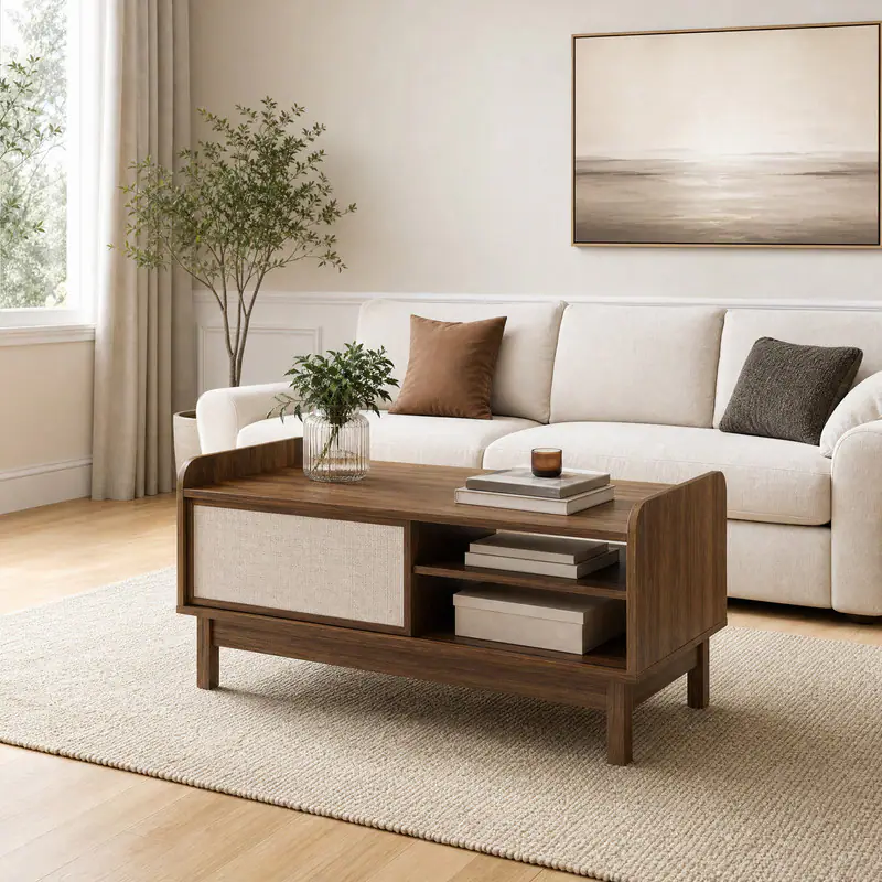 WELLFOR - Mid-Century Center Table with Weaving Sliding Door & Adjustable Shelf, Center Table Cocktail Tea Table for Living Room - Walnut