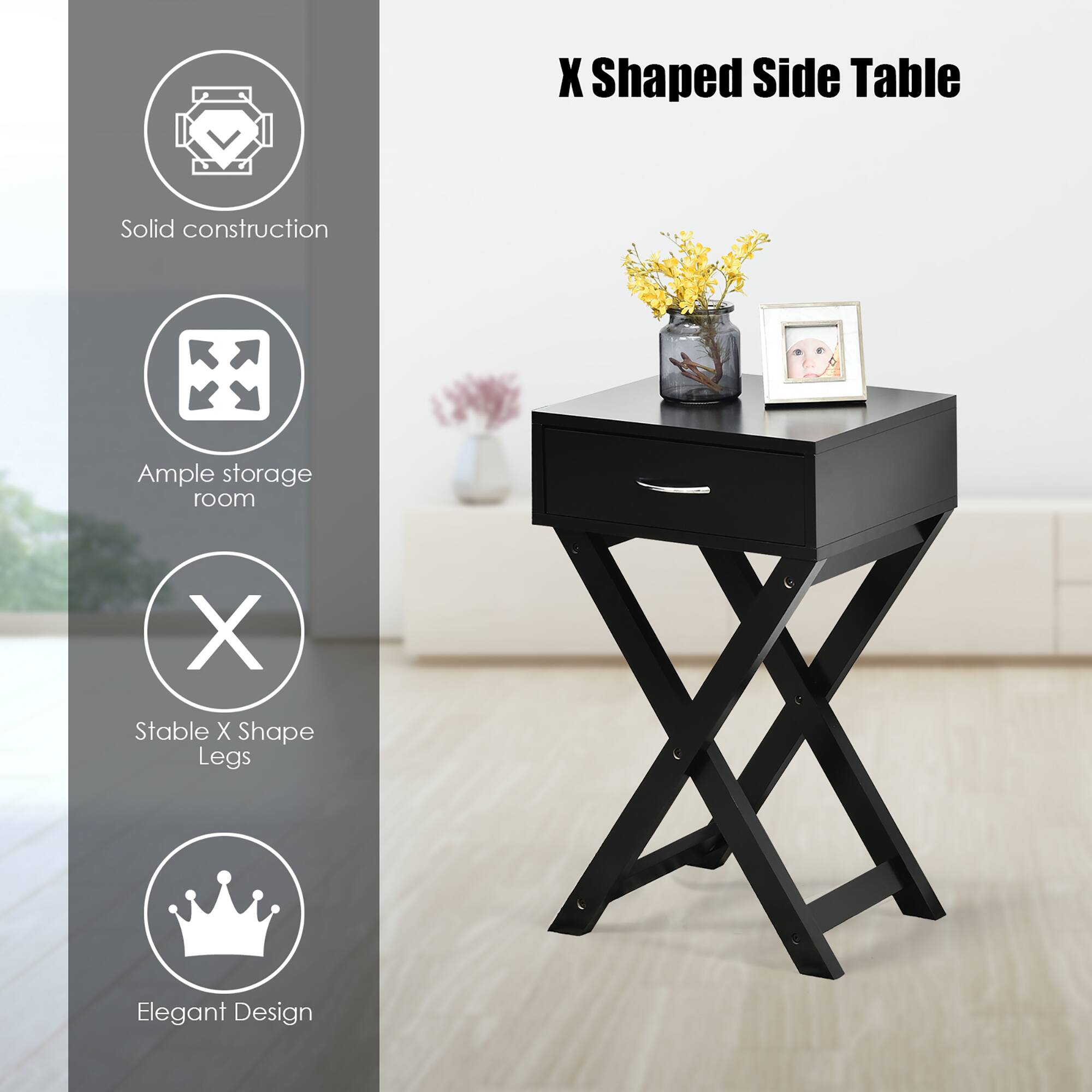 X-Shaped Side Table: Solid construction, Ample storage room, X-Stable X-Shaped Legs, Elegant Design.